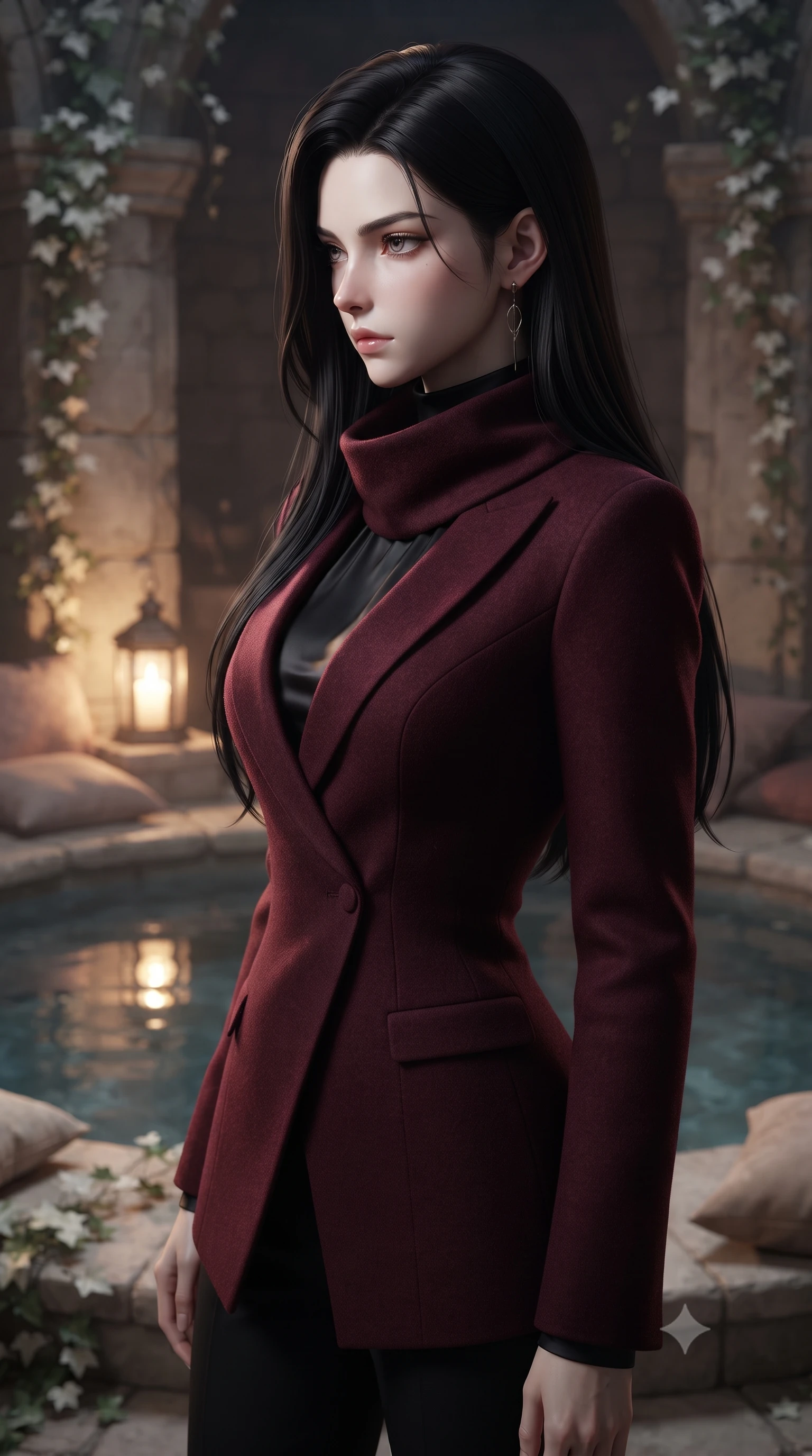 score_9, masterpiece, best quality, ultra-detailed, high-budget anime keyframe, editorial fashion photography, tasteful artistic composition, Korean woman woman. close-up cowboy shot from the waist and thighs up, the character dominates the composition, filling the frame with her large presence, background elements kept in soft focus. turning her face in sharp profile, casting a cold, mysterious, yet intensely alluring side gaze, the background shows a soft-focus a quiet sanctuary chamber with a central water pool, soft cushions, and white ivy. She has an exceptionally elegant, slender, and willowy female figure with an ultra-slim waist, a gracefully sculpted slender torso, and a refined silhouette. sharp v-shaped jawline, high-bridge nose, intricate jewel-like eyes with depth, thick eyelashes, glossy lips with a natural sheen. wearing a tailored tailored asymmetric jacket in deep burgundy wool with a high wrap collar, over a black silk mock-neck blouse. warm lantern light reflecting off the still water surface. ultra-reflective glossy finish, specular highlights, metallic sheen, high-contrast stereoscopic depth, volumetric dynamic lighting, 2k, ultra detail, master piece, 9:16 ratio