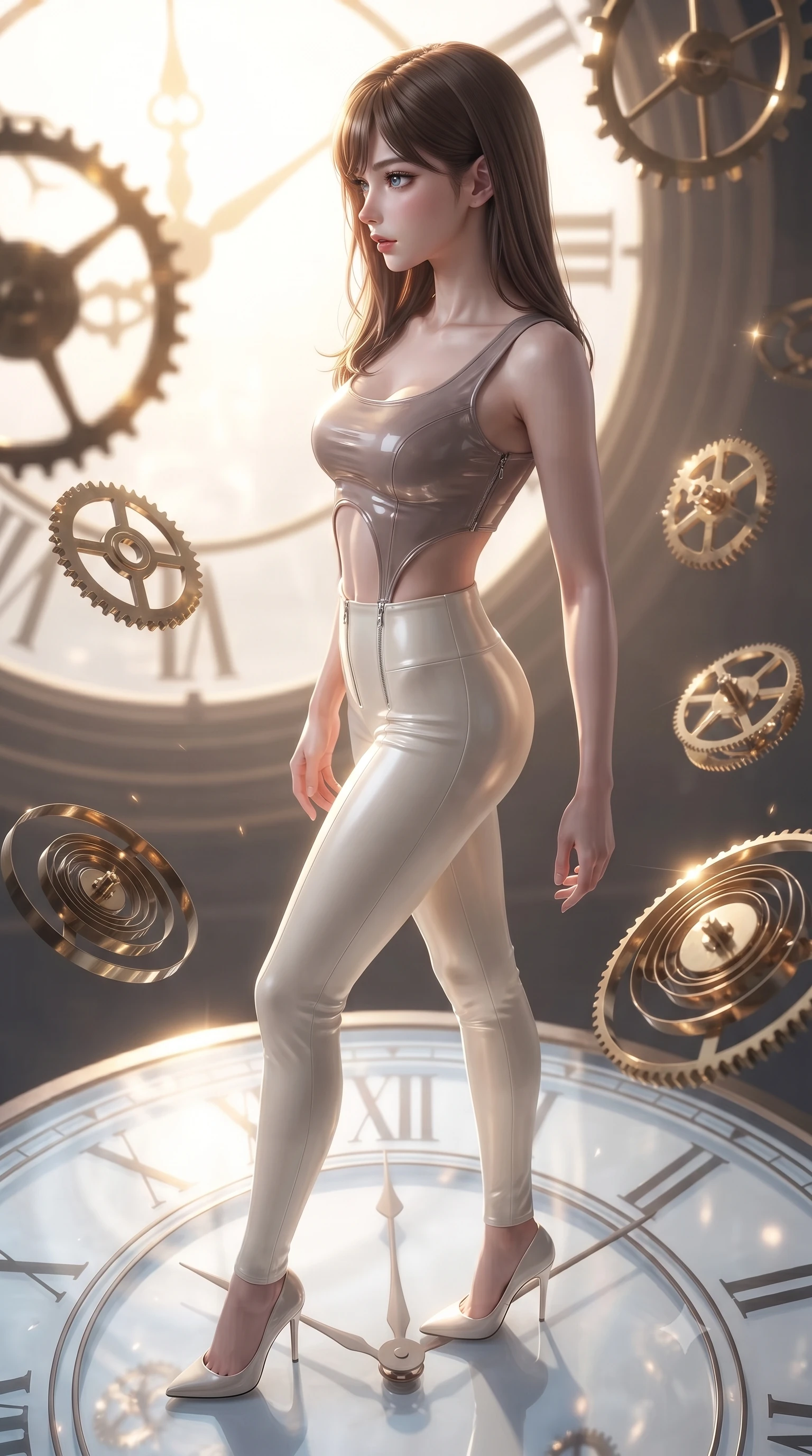 score_9, masterpiece, best quality, ultra-detailed, high-budget anime keyframe, editorial fashion photography, tasteful artistic composition, Korean woman. close-up cowboy shot from the waist and thighs up, the character dominates the composition, filling the frame with her large presence, background elements kept in soft focus. Turning her face in sharp dramatic profile against the bright light, showcasing her sharp v-shaped jawline standing atop a giant translucent Roman numeral clock dial in a high tower, floating brass gears and clocksprings casting intricate metallic reflections. She has an exceptionally elegant, slender, and willowy female figure with an ultra-slim waist, a gracefully sculpted slender torso, and a refined silhouette. sharp v-shaped jawline, high-bridge nose, intricate jewel-like eyes with depth, thick eyelashes, glossy lips with a natural sheen. wearing a glossy vinyl crop top and high-waist tailored leggings with sleek zippers in muted taupe and soft ivory, made of premium stretch velvet with a rich sheen, featuring clean architectural cutouts along her slender torso, the glove-like fit emphasizing her statuesque silhouette. illuminated by a brilliant golden hour glow filtering through clockwork dials. ultra-reflective glossy finish, specular highlights, metallic sheen, high-contrast stereoscopic depth, volumetric dynamic lighting, 2k, ultra detail, master piece, 9:16 ratio