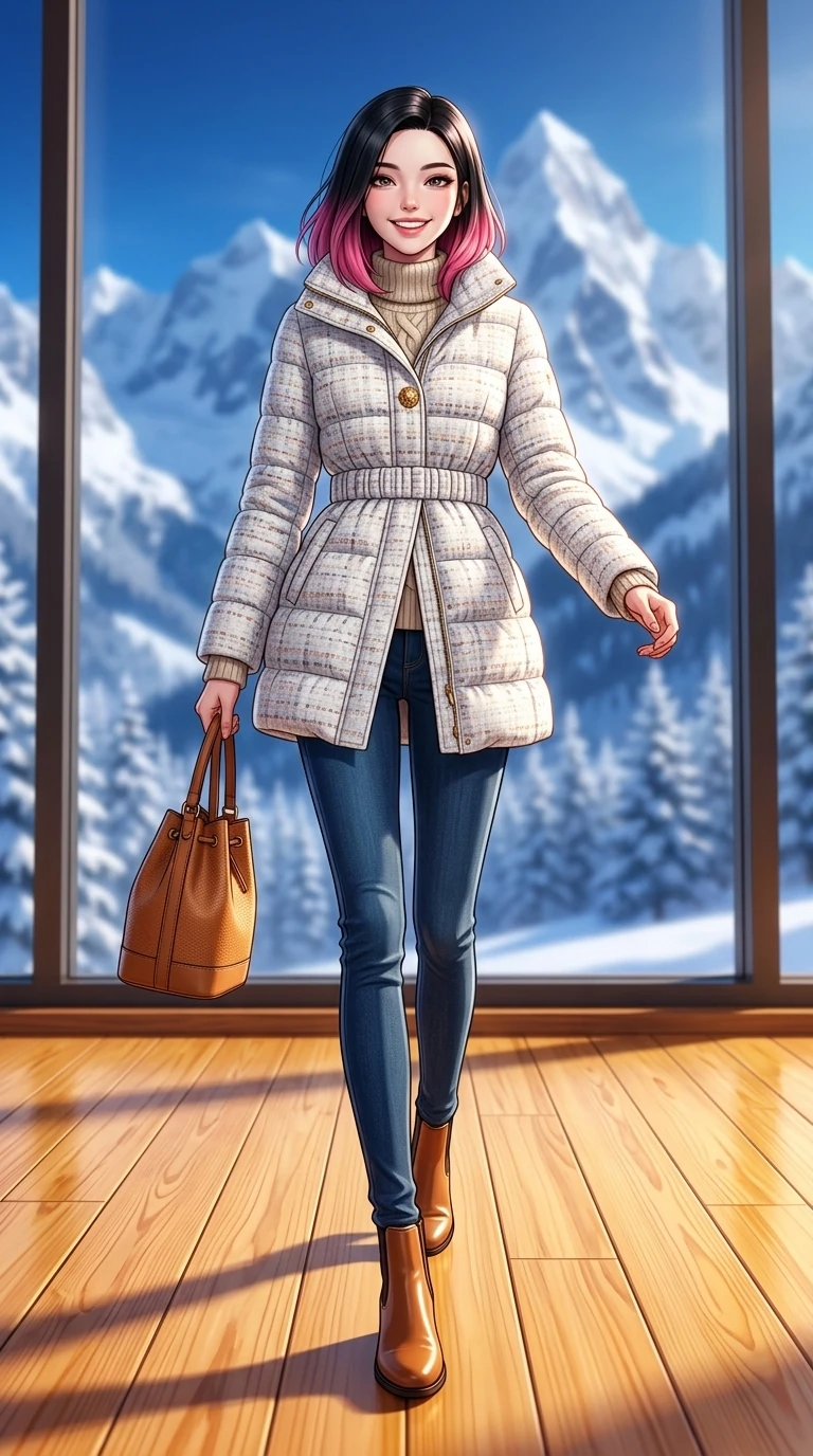 score_9, masterpiece, best quality, ultra-detailed, high-budget anime keyframe, semi-realistic 3D game render, editorial fashion photography, tasteful artistic composition, Korean woman. low angle full-body shot from head to toe showing her feet, filling the entire 9:16 vertical frame with her statuesque presence, stretching her vertical silhouette. walking briskly with tall supermodel strides, one hand holding her leather bag and the other swinging with energetic charm while walking across the honey-toned pine floor toward the panoramic window, her chunky cable-knit sweater accentuating her slender waistline. The background shows a soft-focus towering jagged snow-covered Swiss Alps, deep blue alpine sky, and frosted fir forests outside blurred into cobalt, stark white, and cedar bokeh. She has an exceptionally tall and slender model-like 8.5-heads proportion, an ultra-slim waist, a flat toned midriff, narrow delicate ribcage, and beautifully sculpted feminine hips creating a graceful, slim hourglass silhouette without any bulky heaviness, with impossibly long slender legs. sharp v-shaped jawline, high-bridge nose, intricate jewel-like sparkling eyes with depth, thick eyelashes, glossy parted lips with a natural peach sheen, bright cheerful beaming smile with an enchanting and coquettish sensual glint, exuding both youthful cute charm and seductive allure, flawlessly proportioned anatomical accuracy, strict slender model proportions, natural body alignment, perfectly sculpted long slender limbs, ultra-slim waistline, clean dynamic posture without body distortion. wearing a tailored quilted down coat with a cinched elastic belt and high funnel neck over thermal knit layers in Swiss alpine snow white and oat cashmere, tailored from heritage British Harris Tweed with rich multi-tonal yarn weave, accented with an ornate 24k gold lion-embossed crest button along the front closure, the bespoke architectural tailoring hugging her natural waistline with sartorial precision, creating a clean graceful hourglass silhouette with tall model elegance. bathed in the dramatic high-altitude Swiss mountain sunlight streaming through panoramic windows mixed with golden hearth firelight. highly saturated vibrant anime colors, detailed shading with soft gradients, rich glossy textures, high-contrast stereoscopic depth, volumetric dynamic lighting, master piece, 9:16 ratio