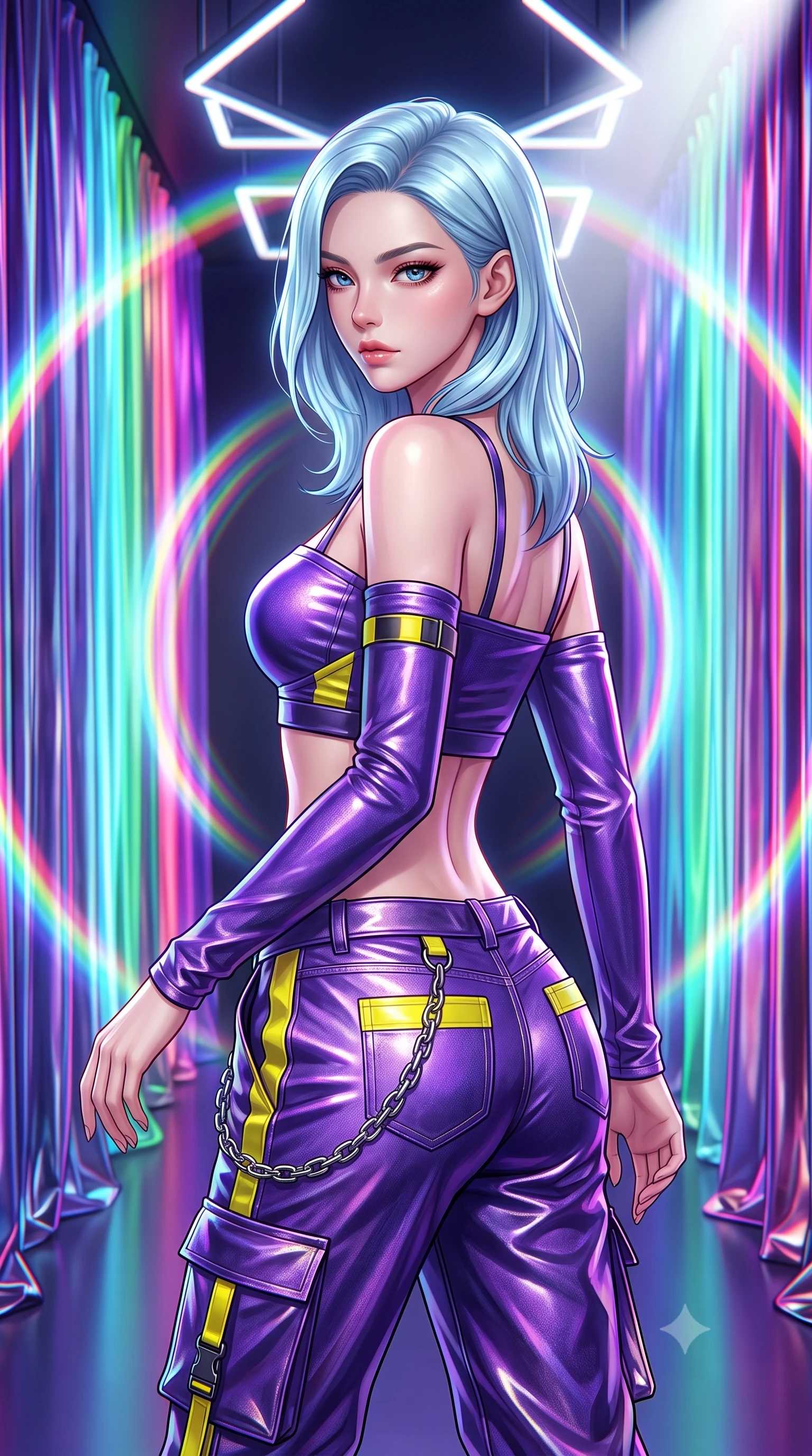 score_9, masterpiece, best quality, ultra-detailed, high-budget anime keyframe, semi-realistic 3D game render, editorial fashion photography, tasteful artistic composition, Korean woman. close-up cowboy shot from the waist and thighs up, the character dominates the composition, filling the frame with her large presence. turning over her shoulder with an indomitable, smoldering gaze, her soft hair framing her razor-sharp v-shaped jawline while walking through a tunnel of pulsing chromatic light curtains with effortless high-fashion runway poise. The surrounding environment is rendered in vivid detail and crisp panoramic clarity. detailed metallic fabric reflections, chromatic aberration rings, and geometric light fixtures in high clarity. She has an exceptionally elegant, slender, and willowy female figure with an ultra-slim waist, a gracefully sculpted slender torso, toned flat midriff, and a refined slim silhouette. sharp v-shaped jawline, high-bridge nose, intricate jewel-like eyes with depth, thick eyelashes, glossy lips with a natural sheen, captivating and magnetic expression, flawlessly proportioned anatomical accuracy, strict slender model proportions, natural body alignment, perfectly sculpted long slender limbs, ultra-slim waistline, clean dynamic posture without body distortion. wearing a strappy cybernetic tube top with detached arm sleeves and low-rise metallic cargo trousers in toxic ultraviolet purple and hazard yellow accents, tailored from distressed structured cotton denim with metallic thread, accented with hanging industrial clip straps and chrome chain links, the liquid-tight tailored fabric emphasizing every curve of her tall, slender model proportions and sculptured silhouette during dynamic movement. bathed in dynamic color-shifting LED ambient illumination and pure white spotlight fill. highly saturated vibrant anime colors, detailed shading with soft gradients, rich glossy textures, high-contrast stereoscopic depth, volumetric dynamic lighting, master piece, 9:16 ratio