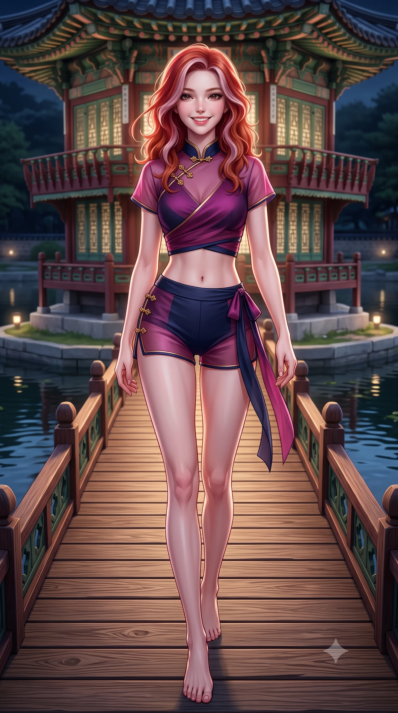 score_9, masterpiece, best quality, ultra-detailed, high-budget anime keyframe, semi-realistic 3D game render, editorial fashion photography, tasteful artistic composition, Caucasian woman. low angle full-body shot from head to toe showing her feet, filling the entire 9:16 vertical frame with her statuesque presence, stretching her vertical silhouette. stepping forward gracefully across the stone bridge in mid-motion with a radiant beaming smile, hips swaying in an alluring kinetic rhythm that accentuates her curvy hourglass silhouette and long slender legs while pausing mid-stride on the graceful wooden bridge connecting to the hexagonal pavilion island, arching her spine with sovereign queenly grace. The surrounding environment is rendered in vivid detail and crisp panoramic clarity: sharp wooden bridge plank grain, carved pavilion balustrade lattices, and calm pond reflection clarity in deep focus. She has an absolutely perfect, statuesque 8.5-heads proportion, an exceptionally tall and slender model-like female figure with impossibly long slender legs, an ultra-slim waist, a flat toned midriff, narrow delicate ribcage, and beautifully sculpted feminine hips creating a graceful, slim hourglass silhouette without any bulky heaviness. sharp v-shaped jawline, high-bridge nose, intricate jewel-like dark sparkling almond eyes with depth, thick lashes, glossy parted lips with a natural rose-plum sheen, bright alluring and coquettish smile with bedroom-eyes, exuding both timeless oriental elegance and sovereign high-fashion allure, flawlessly proportioned anatomical accuracy, strict slender model proportions, natural body alignment, perfectly sculpted long slender limbs, ultra-slim waistline, clean dynamic posture without body distortion. wearing a modern tailored martial-arts-inspired wrap crop top paired with skin-tight high-cut combat shorts and silk sashes in deep lotus magenta and matte midnight navy, tailored from sheer gossamer silk organza with an airy weightless flutter, accented with intricate gold frog buttons and a delicate mandarin collar, the high-waisted wrap tailoring accentuating her ultra-slim waistline and the enchanting curve of her feminine hips with alluring oriental charm. bathed in soft architectural spotlights illuminating the historic royal pavilion and dark waters. highly saturated vibrant anime colors, detailed shading with soft gradients, rich glossy textures, high-contrast stereoscopic depth, volumetric dynamic lighting, master piece, 9:16 ratio