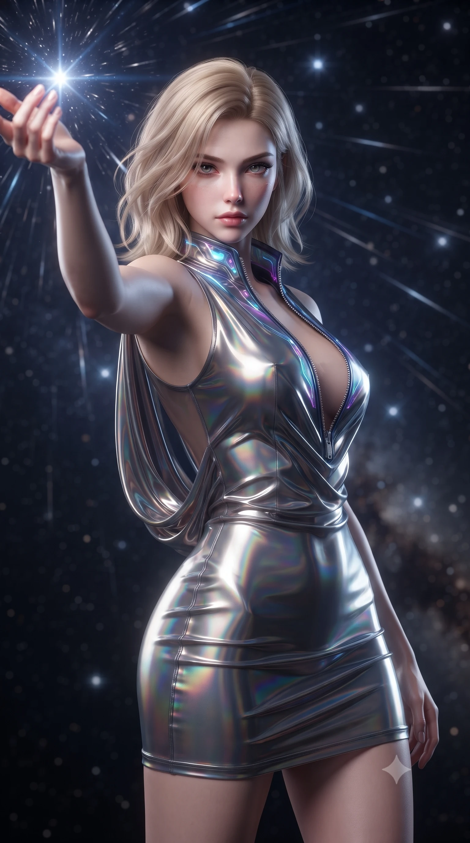 score_9, masterpiece, best quality, ultra-detailed, high-budget anime keyframe, editorial fashion photography, tasteful artistic composition, Caucasian woman. close-up cowboy shot from the waist and thighs up, the character dominates the composition, filling the frame with her large presence. gazing directly into the lens with bedroom eyes and a breathtaking, dangerous allure that commands the entire composition while extending one arm gracefully toward the exploding celestial star with an ethereal, smoldering expression. The composition keeps background elements in soft focus with creamy bokeh. starlight reflections creating dreamy luminous streaks across a deep space backdrop. She has an exceptionally elegant, slender, and willowy female figure with an ultra-slim waist, a gracefully sculpted slender torso, and a refined silhouette. sharp v-shaped jawline, high-bridge nose, intricate jewel-like eyes with depth, thick eyelashes, glossy lips with a natural sheen, flawlessly proportioned anatomical accuracy, natural body alignment, perfectly sculpted elegant limbs, clean dynamic posture without body distortion. wearing a precision-fitted liquid jersey bodycon dress with a dramatic draped cowl back that swoops down to her waist in translucent smoky quartz and iridescent holographic sheen, tailored from semi-translucent cybernetic vinyl with glowing micro-filaments, featuring a dangerously unzipped neckline framed by glowing cybernetic accents, the sleek aerodynamic cut emphasizing her magnetic presence and alluring physical grace. illuminated by glowing holographic console uplights and sharp starlight rim highlights. ultra-reflective glossy finish, specular highlights, metallic sheen, high-contrast stereoscopic depth, volumetric dynamic lighting, 2k, ultra detail, master piece, 9:16 ratio
