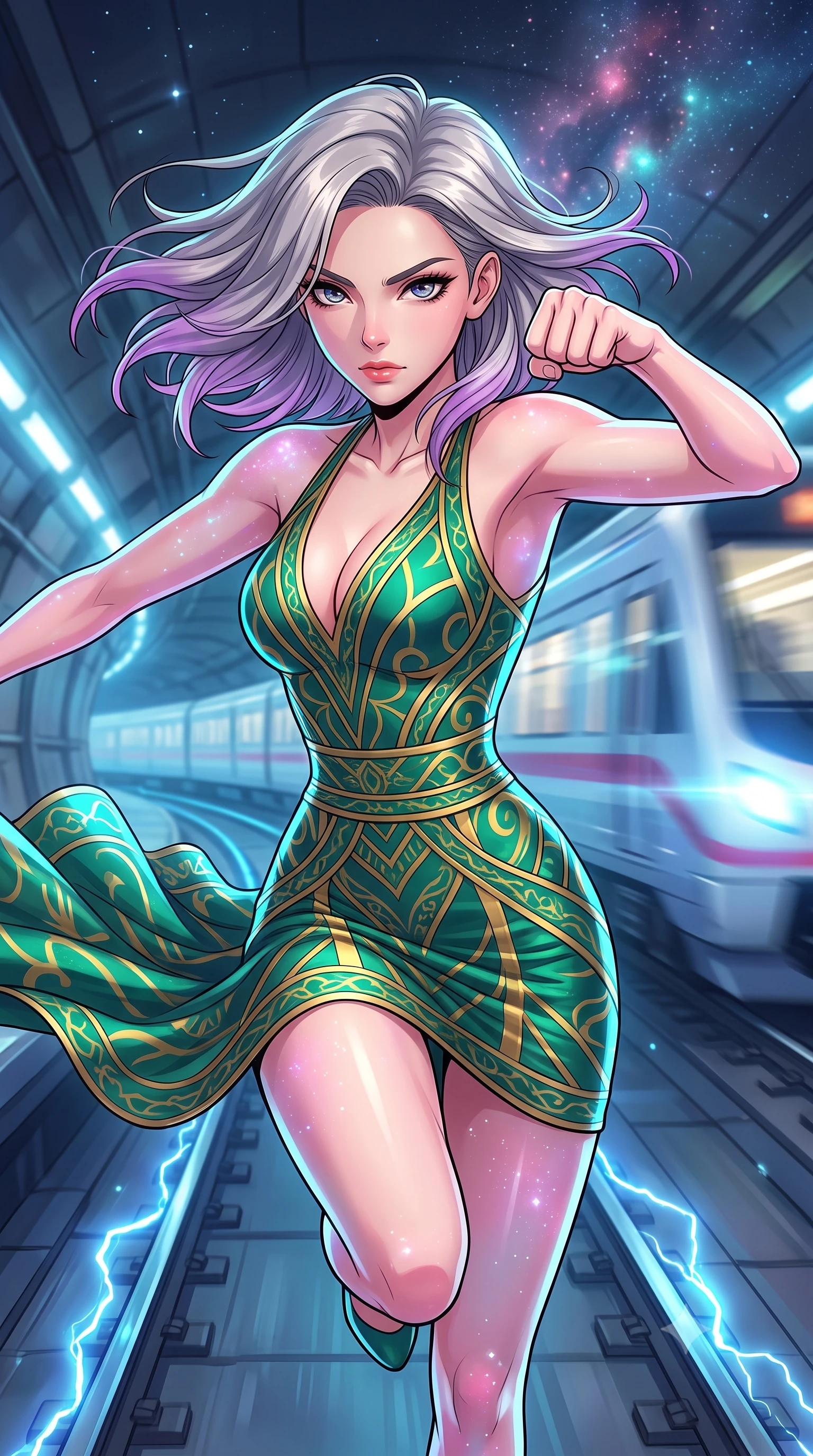 score_9, masterpiece, best quality, ultra-detailed, high-budget anime keyframe, clean line-art, cel-shading, Caucasian woman, strictly human ears. close-up cowboy shot from the waist and thighs up, the character dominates the composition, filling the frame with her large presence, background elements kept in soft focus. Leaping into the camera's view with an aggressive, mid-action strike pose. set against a soft-focus background of a futuristic subway tunnel with tracks humming with electrical current, a high-speed train rushing past in a blur of light. She has an exceptionally elegant and slender, willowy female figure with an ultra-slim waist, a gracefully sculpted slender torso, and a refined slim physique. sharp v-shaped jawline, high-bridge nose, intricate jewel-like eyes with depth, thick eyelashes, glossy lips with a natural sheen. wearing the lightweight fabric rippling and billowing dramatically with her movement, a form-contouring precision-cut bandage dress in a striking emerald and gold pattern, contouring and highlighting her slender hourglass waist. starlight and nebula glow casting soft cosmic pink and cyan highlights on her form. highly saturated vibrant anime colors, intense vivid color palette, volumetric dynamic lighting, 2k, ultra detail, master piece, 9:16 ratio