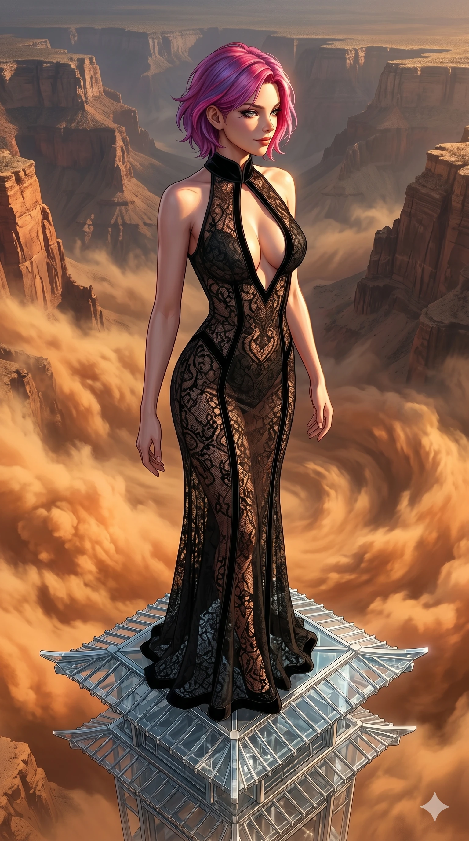 score_9, masterpiece, best quality, ultra-detailed, high-budget anime keyframe, editorial fashion photography, tasteful artistic composition, Caucasian woman, strictly human ears. cowboy shot from the thighs up, character and outfit filling the frame for maximum editorial presence. Glancing sidelong over her shoulder with a smoldering half-smile atop a floating glass pagoda overlooking a vast canyon of swirling orange dust storms. She has an absolutely perfect 8-heads proportion, an exceptionally tall and slender female figure with impossibly long slender legs and an ultra-slim waist. V-shaped jawline, high-bridge nose, intricate jewel-like eyes with depth, thick eyelashes, glossy lips with a natural sheen. wearing a floor-length gown in semi-opaque black lace with a high velvet collar, a keyhole cutout at the chest, and an under-layer that contours her statuesque figure. lit by dramatic chiaroscuro with a single golden key light carving her facial contours and figure. 2k, ultra detail, master piece, 9:16 ratio
