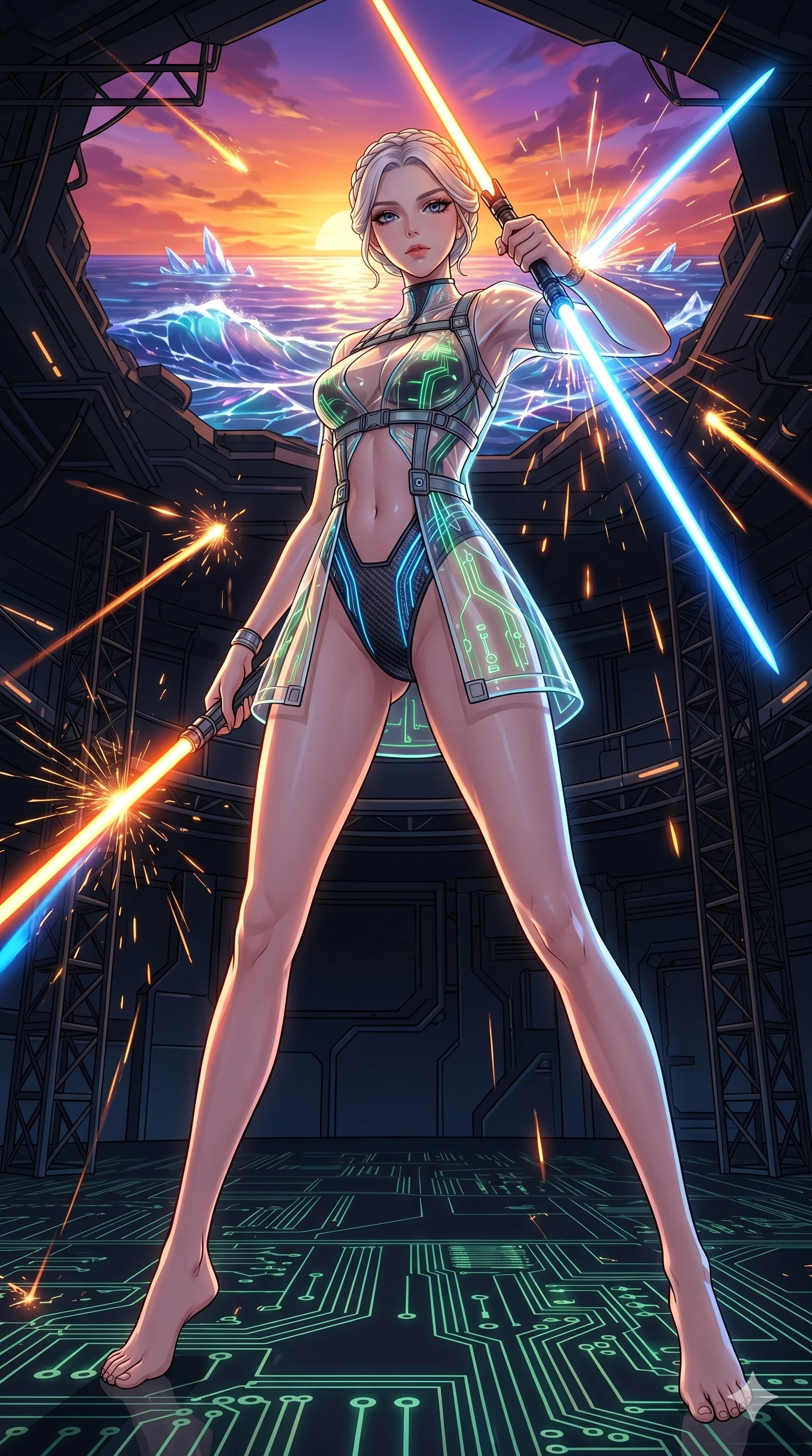 score_9, masterpiece, best quality, ultra-detailed, High-budget Anime Keyframe, vibrant colors, fluid line-art, expressive lighting, cinematic composition, Ufotable-style visual effects, top-tier animation quality, Japanese woman with delicate and elegant anime-inspired features. Wide-angle low shot emphasizing her impossibly long slender legs and commanding stature. Wielding a dual-bladed light-saber in a high-stakes duel within an underground cyber-arena, sparks flying as she deflects incoming attacks. She has an absolutely perfect 8-heads proportion, an exceptionally tall and slender female figure with impossibly long slender legs and an ultra-slim waist, her statuesque height and towering silhouette dominating the vertical 9:16 frame. Her face is a masterpiece featuring a sharp v-shaped jawline, high-bridge nose, intricate jewel-like eyes with depth, thick eyelashes, and glossy lips with a natural sheen. She is wearing a Transparent mini-dress with glowing internal circuits and a high-cut structural leotard crafted from Carbon-fiber weave with a high-tech matte finish and integrated glowing filaments, with an exposed midriff and a complex harness system that draws the eye. The scene is set in a vibrant sunset over a futuristic crystalline ocean with waves made of liquid light, illuminated by cinematic lighting with dramatic rim light that highlights her slender silhouette. 2k, ultra detail, master piece, 9:16 ratio
