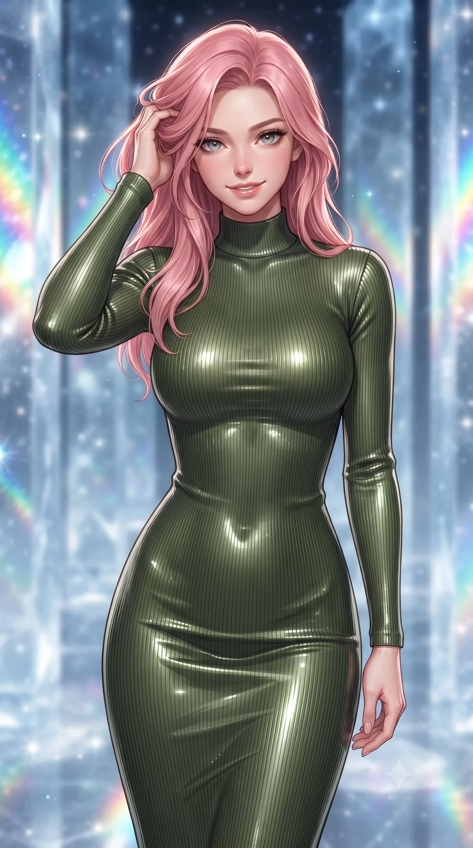 score_9, masterpiece, best quality, ultra-detailed, high-budget anime keyframe, editorial fashion photography, tasteful artistic composition, Japanese woman. close-up cowboy shot from the waist and thighs up, the character dominates the composition, filling the frame with her large presence, background elements kept in soft focus. slowly running a hand through her hair, smiling with quiet, magnetic self-assurance directly into the camera, the background shows a soft-focus an ice column corridor reflecting starlight like a giant mirror maze. She has an exceptionally elegant, slender, and willowy female figure with an ultra-slim waist, a gracefully sculpted slender torso, and a refined silhouette. sharp v-shaped jawline, high-bridge nose, intricate jewel-like eyes with depth, thick eyelashes, glossy lips with a natural sheen. wearing a form-contouring body-hugging ribbed carbon-fiber knit bodycon midi dress in olive green, featuring a snug mock-neck. dazzling rainbow prismatic light refracting through ice crystal pillars. ultra-reflective glossy finish, specular highlights, metallic sheen, high-contrast stereoscopic depth, volumetric dynamic lighting, 2k, ultra detail, master piece, 9:16 ratio