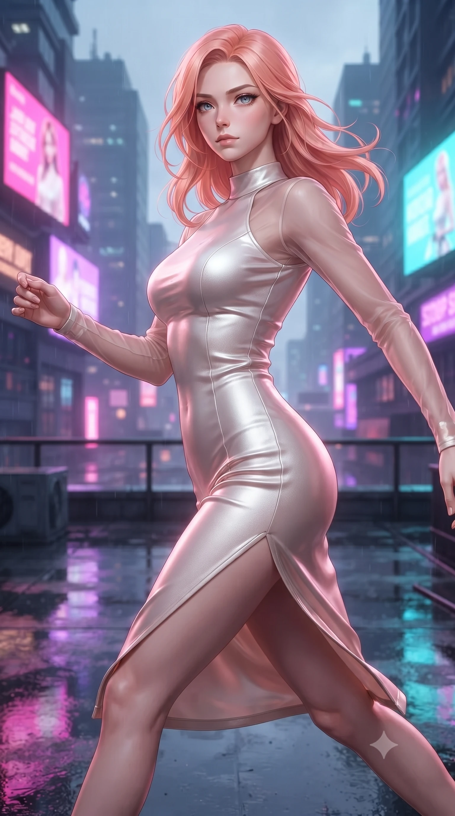 score_9, masterpiece, best quality, ultra-detailed, high-budget anime keyframe, editorial fashion photography, tasteful artistic composition, Japanese woman. close-up cowboy shot from the waist and thighs up, the character dominates the composition, filling the frame with her large presence, background elements kept in soft focus. Gazing past the lens with composed intensity as her torso curves dynamically in mid-motion while turning in a dynamic mid-air stride with neon city billboards glowing below, wet rooftop surfaces reflecting glowing pink, purple, and cyan neon light bars. She has an exceptionally elegant, slender, and willowy female figure with an ultra-slim waist, a gracefully sculpted slender torso, and a refined silhouette. sharp v-shaped jawline, high-bridge nose, intricate jewel-like eyes with depth, thick eyelashes, glossy lips with a natural sheen, flawlessly proportioned anatomical accuracy, natural body alignment, perfectly sculpted elegant limbs, clean dynamic posture without body distortion. wearing a sleek bodycon knit dress with strategic sheer organza sleeve panels in pearl white and rose gold, made of premium stretch velvet with a rich sheen, finished with a sleek side slit ascending to mid-thigh, the glove-like fit emphasizing her statuesque silhouette during motion. surrounded by a high-energy futuristic cityscape atmosphere. ultra-reflective glossy finish, specular highlights, metallic sheen, high-contrast stereoscopic depth, volumetric dynamic lighting, 2k, ultra detail, master piece, 9:16 ratio