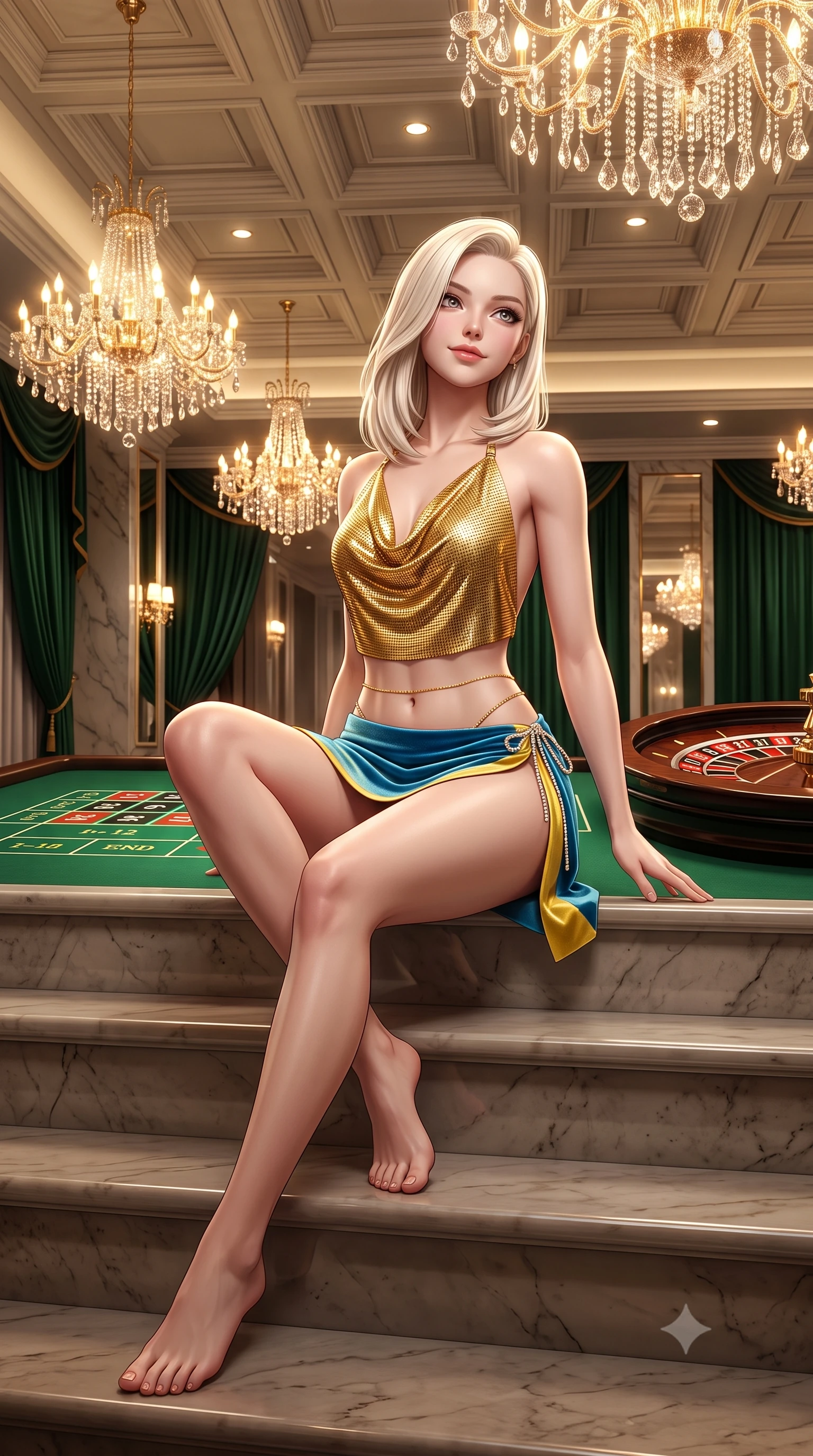 score_9, masterpiece, best quality, ultra-detailed, high-budget anime keyframe, semi-realistic 3D game render, editorial fashion photography, tasteful artistic composition, Caucasian woman. low angle full-body shot from head to toe showing her feet, filling the entire 9:16 vertical frame with her statuesque presence, stretching her vertical silhouette. sitting poised on the stone steps with one knee bent, arching her spine with supermodel elegance as she glances upward through thick eyelashes while twisting her slender torso in an alluring contrapposto stance, glittering gold chandeliers and deep green velvet reflections sculpting her curves. The surrounding environment is rendered in vivid detail and crisp panoramic clarity: sharp emerald baize felt texture, crystal chandelier pendant facets, and lacquered mahogany roulette wheel rim in deep focus. She has an absolutely perfect, statuesque 8.5-heads proportion, an exceptionally tall and slender model-like female figure with impossibly long slender legs, an ultra-slim waist, a flat toned midriff, narrow delicate ribcage, and beautifully sculpted feminine hips creating a graceful, slim hourglass silhouette without any bulky heaviness. sharp v-shaped jawline, high-bridge nose, sparkling eyes with hypnotic seductive depth, thick curled eyelashes, glossy parted lips with a natural dewy peach sheen, alluring bedroom-eyes with an enchanting coquettish smile, exuding magnetic siren charisma and sophisticated glamour, flawlessly proportioned anatomical accuracy, strict slender model proportions, natural body alignment, perfectly sculpted long slender limbs, ultra-slim waistline, clean dynamic posture without body distortion. wearing a liquid gold chainmail cowl halter top paired with an ultra-low-rise velvet mini skirt and side rhinestone ties in Amalfi azure blue and sunlit lemon gold, tailored from fine structural neoprene with crisp architectural edges and smooth contouring, accented with a dainty gold belly chain resting across her flat midriff and curving hips, the high-slit wrap tailoring accentuating her ultra-slim waistline and the enchanting curve of her feminine hips with alluring seductive charm. bathed in brilliant warm 2900K crystal chandelier light spilling from towering ceilings mixed with focused table downlights. highly saturated vibrant anime colors, detailed shading with soft gradients, rich glossy textures, high-contrast stereoscopic depth, volumetric dynamic lighting, master piece, 9:16 ratio