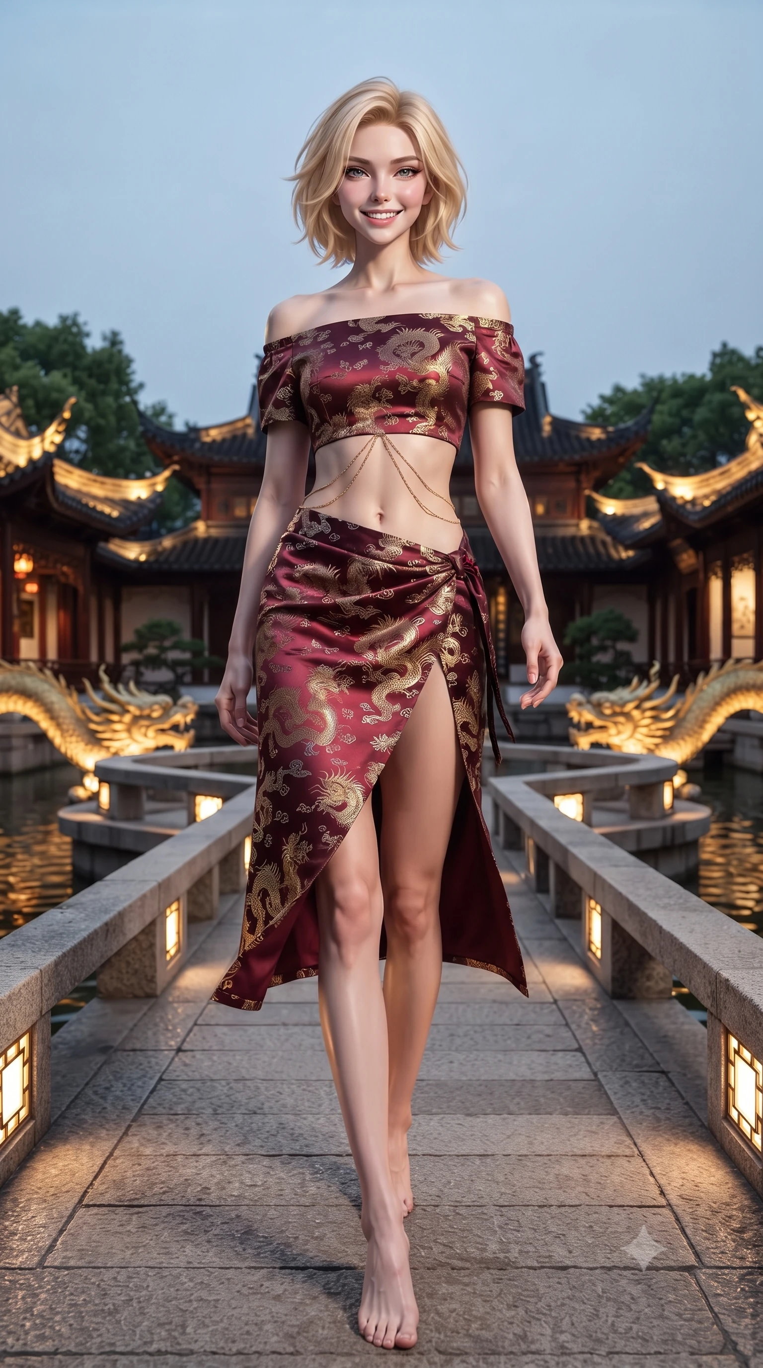 score_9, masterpiece, best quality, ultra-detailed, high-budget anime keyframe, editorial fashion photography, tasteful artistic composition, Caucasian woman. low angle full-body shot from head to toe showing her feet, filling the entire 9:16 vertical frame with her statuesque presence, stretching her vertical silhouette. stepping forward gracefully across the stone bridge in mid-motion with a radiant beaming smile, hips swaying in an alluring kinetic rhythm that accentuates her curvy hourglass silhouette and long slender legs while standing centered on the historic Nine-Turn zigzag stone bridge, arching her back with high-fashion poise as glowing dragon wall eaves frame the water. The surrounding environment is rendered in vivid detail and crisp panoramic clarity: detailed jacquard silk dress sheen, gold dragon embroidery glints, and classical Chinese garden architecture in high resolution. She has an absolutely perfect, statuesque 8.5-heads proportion, an exceptionally tall and slender model-like female figure with impossibly long slender legs, an ultra-slim waist, a flat toned midriff, narrow delicate ribcage, and beautifully sculpted feminine hips creating a graceful, slim hourglass silhouette without any bulky heaviness. sharp v-shaped jawline, high-bridge nose, intricate jewel-like dark sparkling almond eyes with depth, thick lashes, glossy parted lips with a natural rose-plum sheen, bright alluring and coquettish smile with bedroom-eyes, exuding both timeless oriental elegance and sovereign high-fashion allure, flawlessly proportioned anatomical accuracy, strict slender model proportions, natural body alignment, perfectly sculpted long slender limbs, ultra-slim waistline, clean dynamic posture without body distortion. wearing a modern two-piece fusion set with an off-shoulder crop blouse and high-slit wrap skirt tracing her curvaceous hips in deep wine burgundy and brushed antique gold, woven from metallic gold and silver thread casting subtle starlight glints, accented with a delicate gold body chain draping loosely across her flat midriff, the liquid-tight tailored silk fabric clinging flawlessly to her narrow waist and rounded feminine hips, emphasizing every millimeter of her sculpted slim hourglass curves without any bulky heaviness. illuminated by pavilion floor light panels and sharp gold rim lights defining her razor-sharp jawline, narrow waist, and curvy hips. ultra-reflective glossy finish, specular highlights, rich textural contrasts, high-contrast stereoscopic depth, volumetric dynamic lighting, 2k, ultra detail, master piece, 9:16 ratio