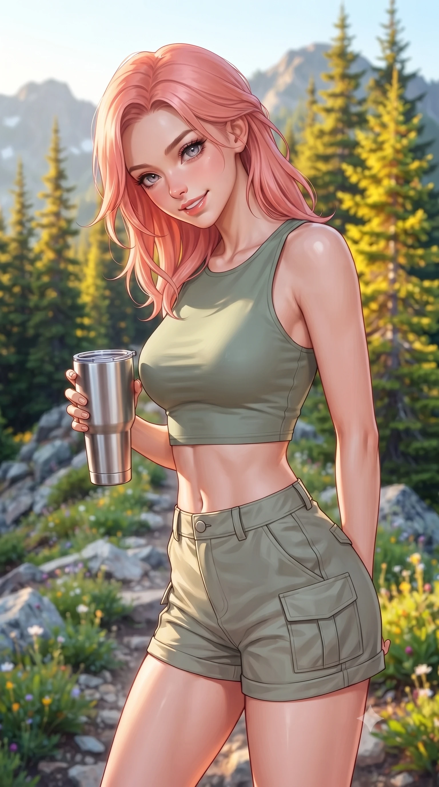 score_9, masterpiece, best quality, ultra-detailed, high-budget anime keyframe, editorial fashion photography, tasteful artistic composition, Japanese woman. close-up cowboy shot from the waist and thighs up, the character dominates the composition, filling the frame with her large presence, background elements kept in soft focus. tilting her chin down slightly, looking up at the viewer with a sweet, charming smile set against a soft-focus background of on a rocky ridge path with green pine trees and wildflowers holding a travel tumbler with a bright, active grin. She has an exceptionally elegant, slender, and willowy female figure with an ultra-slim waist, a gracefully sculpted slender torso, and a refined silhouette. sharp v-shaped jawline, high-bridge nose, intricate jewel-like eyes with depth, thick eyelashes, glossy lips with a natural sheen. wearing tailored stylish crop top in sage green, paired with lightweight cargo shorts. bright morning alpine sun highlighting the green pine trees in vivid gold. highly saturated vibrant anime colors, detailed shading with soft gradients, rich glossy textures, high-contrast stereoscopic depth, volumetric dynamic lighting, master piece, 9:16 ratio