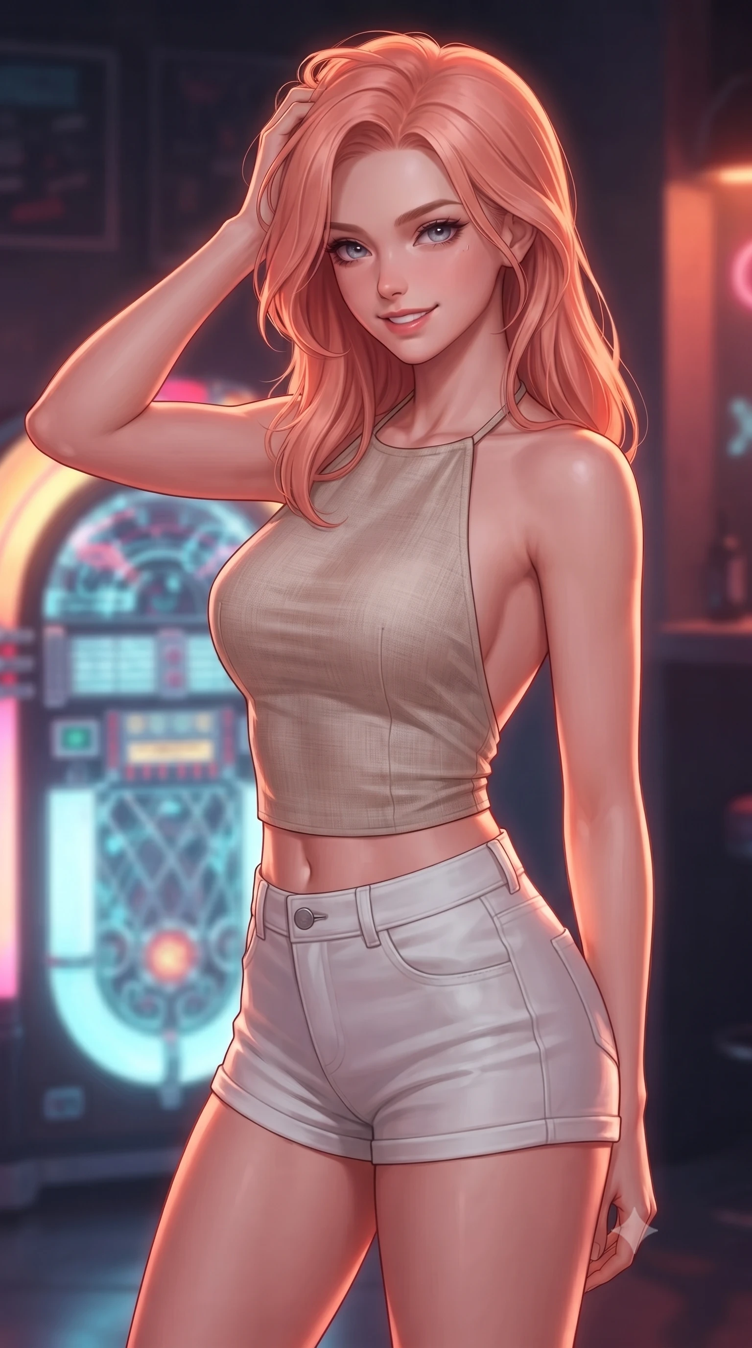 score_9, masterpiece, best quality, ultra-detailed, high-budget anime keyframe, editorial fashion photography, tasteful artistic composition, Japanese woman. close-up cowboy shot from the waist and thighs up, the character dominates the composition, filling the frame with her large presence, background elements kept in soft focus. smiling with quiet, magnetic self-assurance directly into the camera, running a hand through her hair the background shows a soft-focus a quiet cyber-bar corner next to a glowing holographic jukebox. She has an exceptionally elegant, slender, and willowy female figure with an ultra-slim waist, a gracefully sculpted slender torso, and a refined silhouette. sharp v-shaped jawline, high-bridge nose, intricate jewel-like eyes with depth, thick eyelashes, glossy lips with a natural sheen. wearing a slim-fit stylish linen halter top with an open-back design, paired with white micro-shorts. soft neon crimson and orange rim lighting tracing her graceful posture. highly saturated vibrant anime colors, detailed shading with soft gradients, rich glossy textures, high-contrast stereoscopic depth, volumetric dynamic lighting, master piece, 9:16 ratio