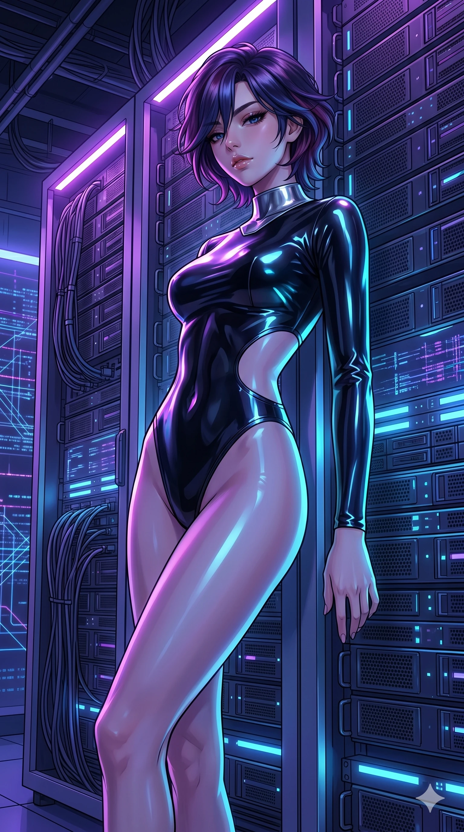 score_9, masterpiece, best quality, ultra-detailed, high-budget anime keyframe, editorial fashion photography, tasteful artistic composition, Korean woman. cowboy shot from the thighs up, character and outfit filling the frame for maximum editorial presence. leaning against a server rack, casting a cool, superior gaze beneath her thick lashes in a sci-fi server room filled with glowing violet light strips (Code-P16-036). She has an absolutely perfect 8-heads proportion, an exceptionally tall and slender female figure with impossibly long slender legs and an ultra-slim waist. V-shaped jawline, high-bridge nose, intricate jewel-like eyes with depth, thick eyelashes, glossy lips with a natural sheen. wearing a black latex bodysuit with a metallic silver collar and dramatic waist cutouts. neon blue and violet light from the servers casting sharp specular highlights on her outfit. 2k, ultra detail, master piece, 9:16 ratio