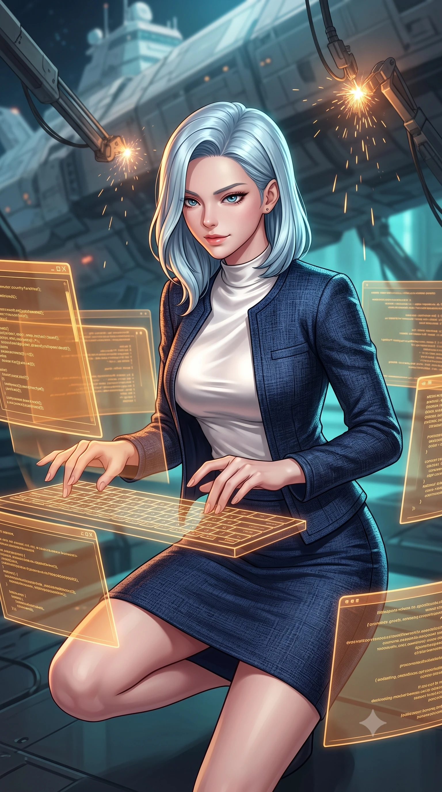 score_9, masterpiece, best quality, ultra-detailed, high-budget anime keyframe, editorial fashion photography, tasteful artistic composition, Korean woman. close-up cowboy shot from the waist and thighs up, the character dominates the composition, filling the frame with her large presence, background elements kept in soft focus. Hacking a security terminal in a low crouch, fingers moving in a blur as amber code screens surround her. set against a soft-focus background of a giant space station dock, a colossal flagship tethered by metal loading arms, welding sparks falling in zero gravity. She has an exceptionally elegant and slender, willowy female figure with an ultra-slim waist, a gracefully sculpted slender torso, and a refined slim physique. sharp v-shaped jawline, high-bridge nose, intricate jewel-like eyes with depth, thick eyelashes, glossy lips with a natural sheen. wearing tailored for maximum mobility, sleek form-contouring panels that allow fluid movement, a body-hugging navy blue tweed jacket over a white satin mock-neck top, paired with a matching navy blue pencil skirt. highly saturated vibrant anime colors, intense vivid color palette, soft 3D volumetric shading, volumetric dynamic lighting, warm amber rim lighting combined with cool teal fill light creating dramatic contrast. 2k, ultra detail, master piece, 9:16 ratio