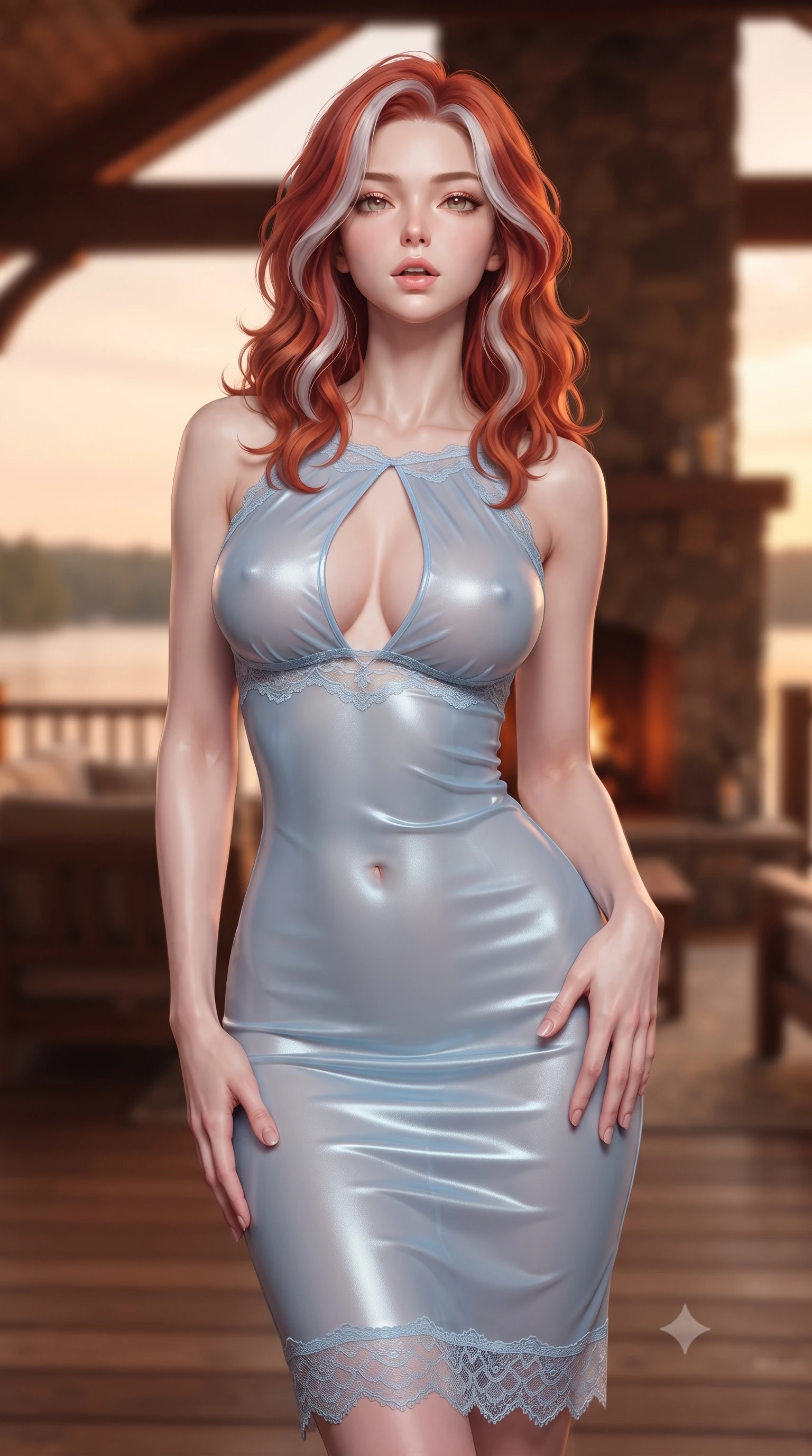 score_9, masterpiece, best quality, ultra-detailed, high-budget anime keyframe, editorial fashion photography, tasteful artistic composition, Caucasian woman. close-up cowboy shot from the waist and thighs up, the character dominates the composition, filling the frame with her large presence, background elements kept in soft focus. tilting her chin up slightly with lips parted in a composed, provocative expression the background shows a soft-focus a rustic wood deck with a stone fireplace facing a lake in a private estate. She has an exceptionally elegant, slender, and willowy female figure with an ultra-slim waist, a gracefully sculpted slender torso, and a refined silhouette. sharp v-shaped jawline, high-bridge nose, intricate jewel-like eyes with depth, thick eyelashes, glossy lips with a natural sheen. wearing a form-contouring sheer chiffon midi dress in baby blue, featuring a plunging keyhole cutout and lace trim. warm sunset light casting a peaceful, cozy orange wash on her figure. ultra-reflective glossy finish, specular highlights, metallic sheen, high-contrast stereoscopic depth, volumetric dynamic lighting, 2k, ultra detail, master piece, 9:16 ratio