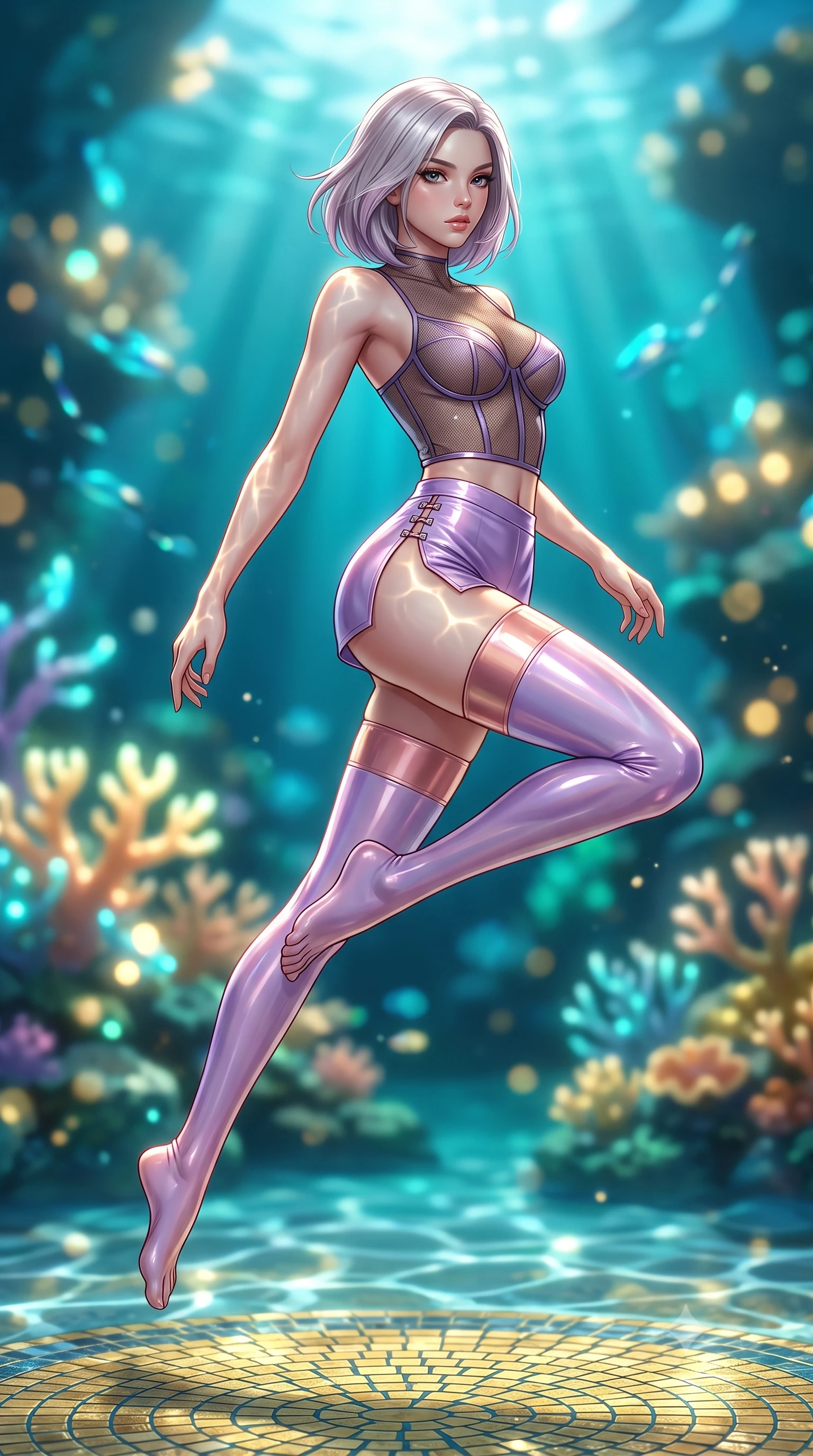 score_9, masterpiece, best quality, ultra-detailed, high-budget anime keyframe, semi-realistic 3D game render, editorial fashion photography, tasteful artistic composition, Caucasian woman. low angle full-body shot from head to toe showing her feet, filling the entire 9:16 vertical frame with her statuesque presence, stretching her vertical silhouette. leaping through mid-air with an athletic yet alluring arch of her spine, her impossibly long slender legs stretched in flawless poise while standing with sovereign poise on a submerged gold mosaic plaza as deep ocean sunbeams cast dancing caustics across her skin. The composition keeps background elements in soft focus with creamy bokeh. glowing sea-coral formations and swimming bioluminescent rays blurred into rich turquoise and golden bokeh. She has an absolutely perfect, statuesque 8.5-heads proportion, an exceptionally tall and slender model-like female figure with impossibly long slender legs, a toned flat midriff, and an ultra-slim waist. sharp v-shaped jawline, high-bridge nose, intricate jewel-like eyes with depth, thick eyelashes, glossy lips with a natural sheen, flawlessly proportioned anatomical accuracy, strict slender model proportions, natural body alignment, perfectly sculpted long slender limbs, ultra-slim waistline, clean dynamic posture without body distortion. wearing a delicate see-through dark mesh top with structured cup boning, paired with high-cut micro-shorts and thigh-high stockings in luminous lavender violet and rose gold, formed from high-gloss patent material with specular light reflections, finished with an ultra-high side slit secured by miniature magnetic clasps, the sleek second-skin cut tightly hugging her graceful clavicle, narrow waist, and feminine curves with athletic precision. bathed in shimmering golden sunlight caustics filtering through clear ocean waters. highly saturated vibrant anime colors, detailed shading with soft gradients, rich glossy textures, high-contrast stereoscopic depth, volumetric dynamic lighting, master piece, 9:16 ratio