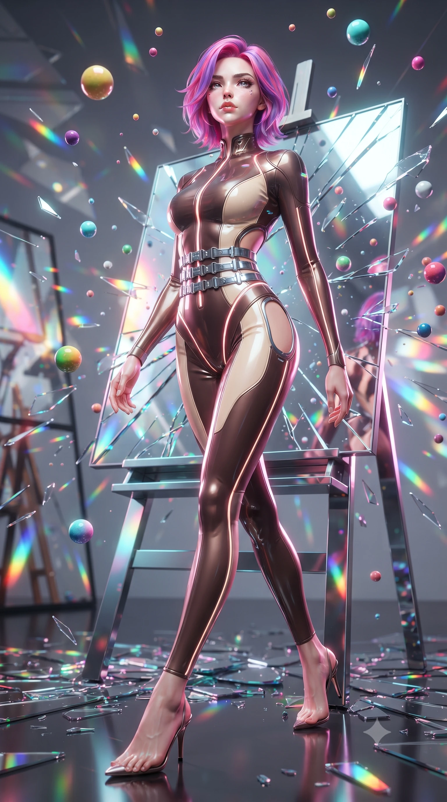 score_9, masterpiece, best quality, ultra-detailed, high-budget anime keyframe, editorial fashion photography, tasteful artistic composition, Caucasian woman. low angle full-body shot from head to toe showing her feet, filling the entire 9:16 vertical frame with her statuesque presence, stretching her vertical silhouette. stepping forward with proud posture, filling the vertical frame with her magnetic presence leaning against a mirrored easel surrounded by suspended pigment spheres, shattered mirror shards scattering brilliant rainbow reflections everywhere. She has an absolutely perfect, statuesque 8.5-heads proportion, an exceptionally tall and slender model-like female figure with impossibly long slender legs and an ultra-slim waist. sharp v-shaped jawline, high-bridge nose, intricate jewel-like eyes with depth, thick eyelashes, glossy lips with a natural sheen. wearing a skin-tight cybernetic bodysuit with glowing neon seams and side cutouts in espresso brown and warm cream, formed from sleek second-skin neoprene, detailed with polished silver buckles along the waistline, the sleek second-skin texture accentuating her magnetic presence. surrounded by a radiant glow of magenta and aqua fluid highlights. ultra-reflective glossy finish, specular highlights, metallic sheen, high-contrast stereoscopic depth, volumetric dynamic lighting, 2k, ultra detail, master piece, 9:16 ratio