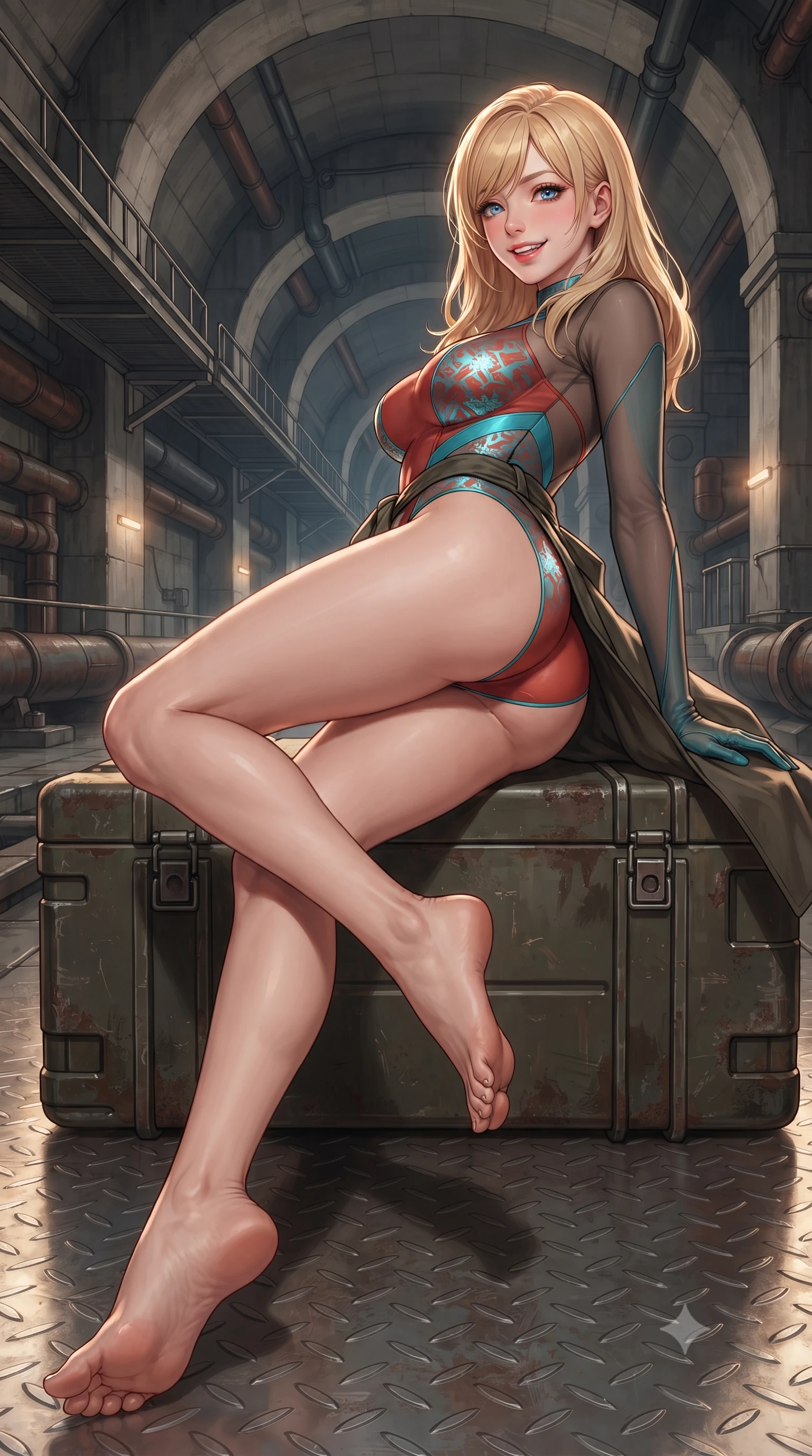 score_9, masterpiece, best quality, ultra-detailed, high-budget anime keyframe, editorial fashion photography, tasteful artistic composition, Caucasian woman. low angle full-body shot from head to toe showing her feet, filling the entire 9:16 vertical frame with her statuesque presence, stretching her vertical silhouette. executing a slow, graceful pivot turn as her skirt sways around her slender legs, glancing back with an enchanting, teasing sensual expression while lounging gracefully across the heavy ammo transport crate propped on one elbow with legs extended, displaying her long slender limbs and statuesque hourglass silhouette. The surrounding environment is rendered in vivid detail and crisp panoramic clarity: detailed tactical coat texture, combat webbing accents, and monumental subterranean fortress engineering in high resolution. She has an exceptionally tall and slender model-like 8.5-heads proportion, an ultra-slim waist, a flat toned midriff, narrow delicate ribcage, and beautifully sculpted feminine hips creating a graceful, slim hourglass silhouette without any bulky heaviness, with impossibly long slender legs. sharp v-shaped jawline, high-bridge nose, intricate jewel-like sparkling eyes with depth, thick eyelashes, glossy parted lips with a natural peach sheen, bright cheerful beaming smile with an enchanting and coquettish sensual glint, exuding both youthful cute charm and seductive allure, flawlessly proportioned anatomical accuracy, strict slender model proportions, natural body alignment, perfectly sculpted long slender limbs, ultra-slim waistline, clean dynamic posture without body distortion. wearing a provocative sheer-illusion tactical combat bodysuit with strategic metallic foil flocking and high-cut leg openings in cyber-shinto vermilion and laser turquoise, crafted from bespoke double-faced cashmere with an exceptionally soft tactile finish, complemented by sheer opera-length evening gloves tracing her slender arms, the liquid-tight tailored fabric clinging flawlessly to her narrow waist and rounded feminine hips, emphasizing every millimeter of her sculpted slim hourglass curves without any bulky heaviness. illuminated by diamond-plate steel reflection bounce and sharp gold-amber rim lights defining her razor-sharp jawline, narrow waist, and curvy hips. ultra-reflective glossy finish, specular highlights, rich textural contrasts, high-contrast stereoscopic depth, volumetric dynamic lighting, 2k, ultra detail, master piece, 9:16 ratio