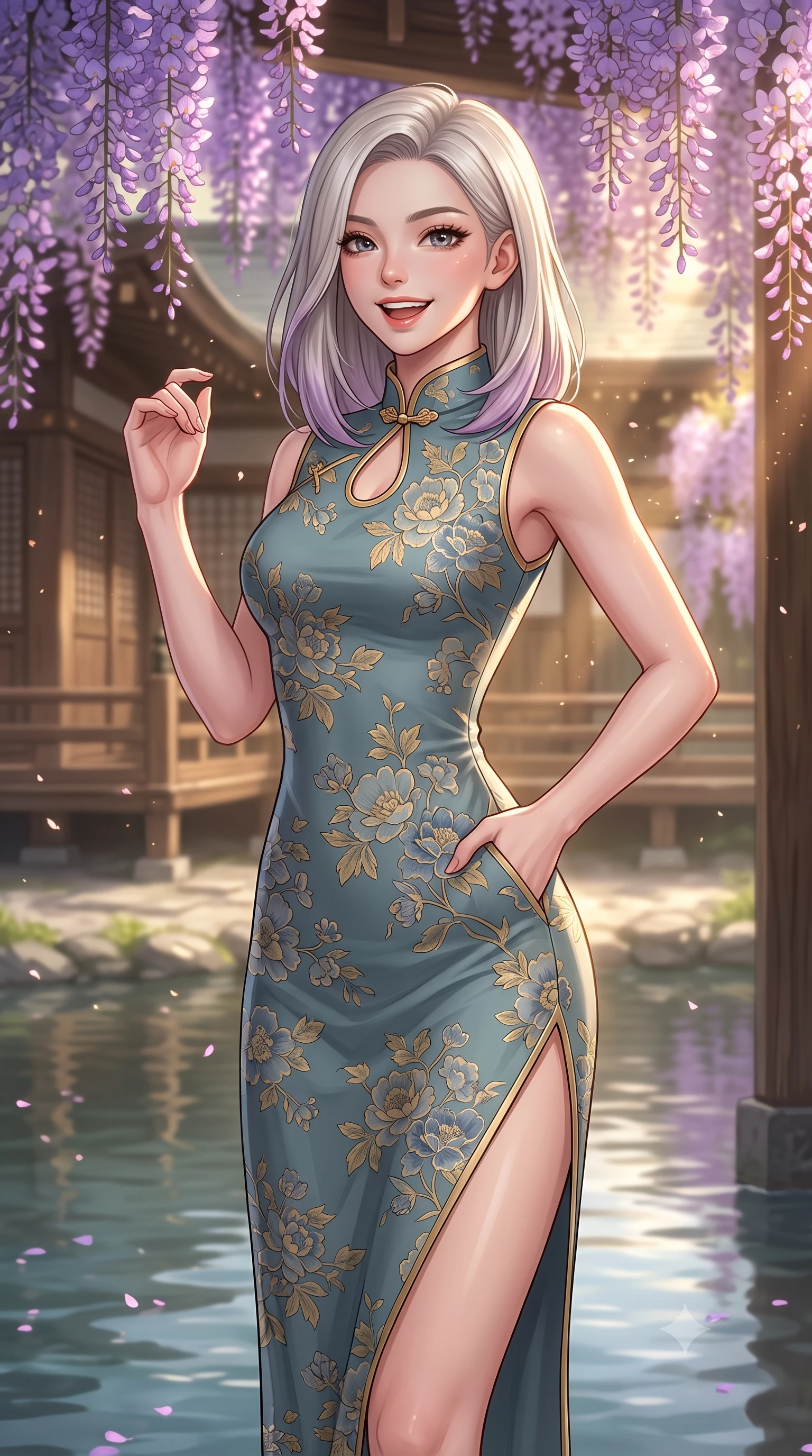 score_9, masterpiece, best quality, ultra-detailed, high-budget anime keyframe, editorial fashion photography, tasteful artistic composition, Caucasian woman, strictly human ears. close-up cowboy shot from the waist and thighs up, the character dominates the composition, filling the frame with her large presence, background elements kept in soft focus. Casting a bright, energetic glance toward the camera with a cheerful grin. set against a soft-focus background of in a traditional wooden shrine courtyard surrounded by giant wisteria trees with glowing purple flowers hanging over a calm, reflecting river. She has an exceptionally elegant, slender, and willowy female figure with a highly-defined ultra-slim waist, a gracefully sculpted slender torso, and a refined slim-fit silhouette that contours her form. sharp v-shaped jawline, high-bridge nose, intricate jewel-like eyes with depth, thick eyelashes, glossy lips with a natural sheen. wearing a modern fusion qipao-inspired midi dress in muted teal and gold floral print with a mandarin collar. golden hour sunlight streaming in warm shafts with floating dust particles catching the light. 2k, ultra detail, master piece, 9:16 ratio