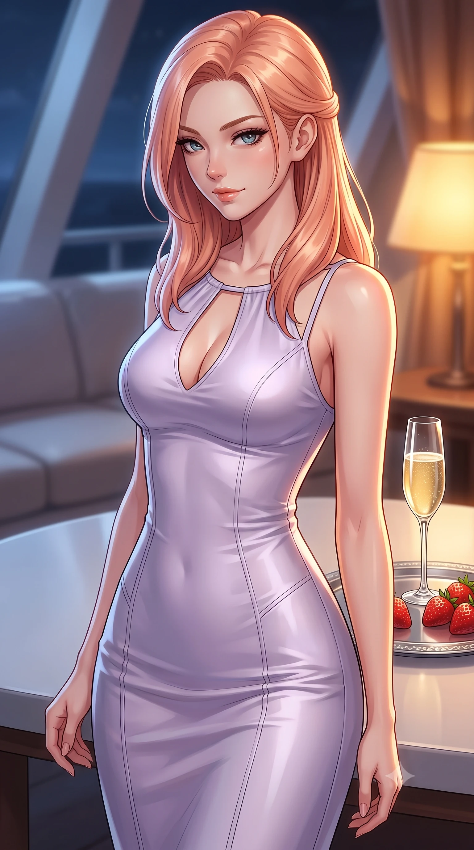 score_9, masterpiece, best quality, ultra-detailed, high-budget anime keyframe, editorial fashion photography, tasteful artistic composition, Japanese woman. close-up cowboy shot from the waist and thighs up, the character dominates the composition, filling the frame with her large presence, background elements kept in soft focus. glancing sidelong over her shoulder with an intoxicating, lingering stare and a subtle, knowing smile set against a soft-focus background of inside an exclusive solarium deck with a crystal glass of sparkling champagne and fresh strawberries on a silver tray. She has an exceptionally elegant, slender, and willowy female figure with an ultra-slim waist, a gracefully sculpted slender torso, and a refined silhouette. sharp v-shaped jawline, high-bridge nose, intricate jewel-like eyes with depth, thick eyelashes, glossy lips with a natural sheen. wearing tailored pale lavender liquid satin body-hugging knit midi dress with a tasteful keyhole neckline cutout and thin shoulder straps featuring refined tailored seams. illuminated by soft silver moonlight contrasting with the warm amber glow of a nearby lamp. highly saturated vibrant anime colors, detailed shading with soft gradients, rich glossy textures, high-contrast stereoscopic depth, volumetric dynamic lighting, master piece, 9:16 ratio