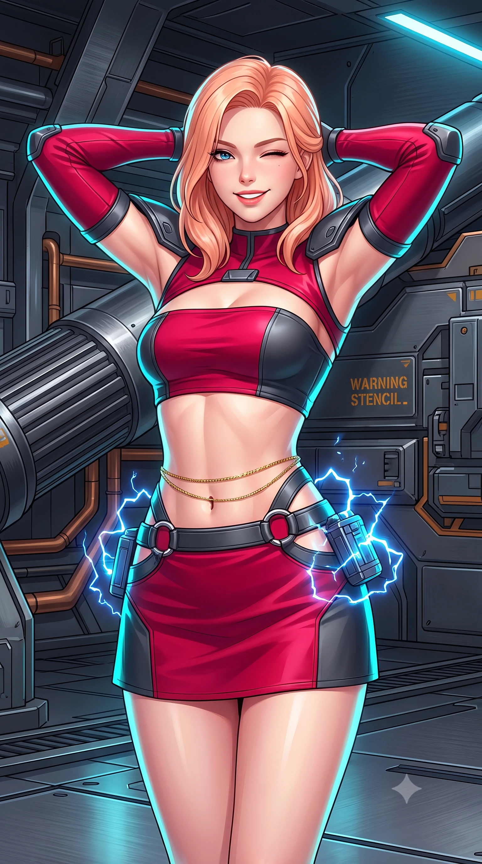 score_9, masterpiece, best quality, ultra-detailed, high-budget anime keyframe, semi-realistic 3D game render, editorial fashion photography, tasteful artistic composition, Japanese woman. close-up cowboy shot from the waist and thighs up, the character dominates the composition, filling the frame with her large presence. resting both hands lightly behind her neck with elbows raised, arching her spine to highlight her narrow waist, flat midriff, and breathtaking collarbones while twisting her slender torso in an alluring contrapposto stance, crackling blue electrical arcs leaping between capacitors wrapping around her narrow waist and curvy hips. The surrounding environment is rendered in vivid detail and crisp panoramic clarity: sharp brushed gunmetal barrel rifling grooves, copper bus-bar conduits, and warning stencils on armor plates in deep focus. She has an exceptionally elegant, slender, and willowy female figure with an ultra-slim waist, flat toned midriff, narrow ribcage, and sculpted feminine hips creating an alluring, slim hourglass silhouette without bulk. sharp v-shaped jawline, high-bridge nose, intricate jewel-like sparkling eyes with depth, thick eyelashes, glossy parted lips with a natural peach sheen, bright cheerful beaming smile with an enchanting and coquettish sensual glint, exuding both youthful cute charm and seductive allure, flawlessly proportioned anatomical accuracy, strict slender model proportions, natural body alignment, perfectly sculpted long slender limbs, ultra-slim waistline, clean dynamic posture without body distortion. wearing an ultra-cropped tactical tech-wear bandeau top with molded shoulder armor paired with a micro mini skirt revealing her flat toned midriff in deep crimson hazard red and matte dark titanium, adorned with delicate chrome ring hardware and cutouts along her slender waist, accented with a dainty gold belly chain resting across her flat midriff and curving hips, the form-contouring silhouette accentuating her sculpted flat midriff, narrow delicate ribcage, and gracefully curvy hips with intoxicating allure. illuminated by titanium deck reflection bounce and sharp electric-cyan rim lights sculpting her jawline, narrow waist, and curvy hips. highly saturated vibrant anime colors, detailed shading with soft gradients, rich glossy textures, high-contrast stereoscopic depth, volumetric dynamic lighting, master piece, 9:16 ratio