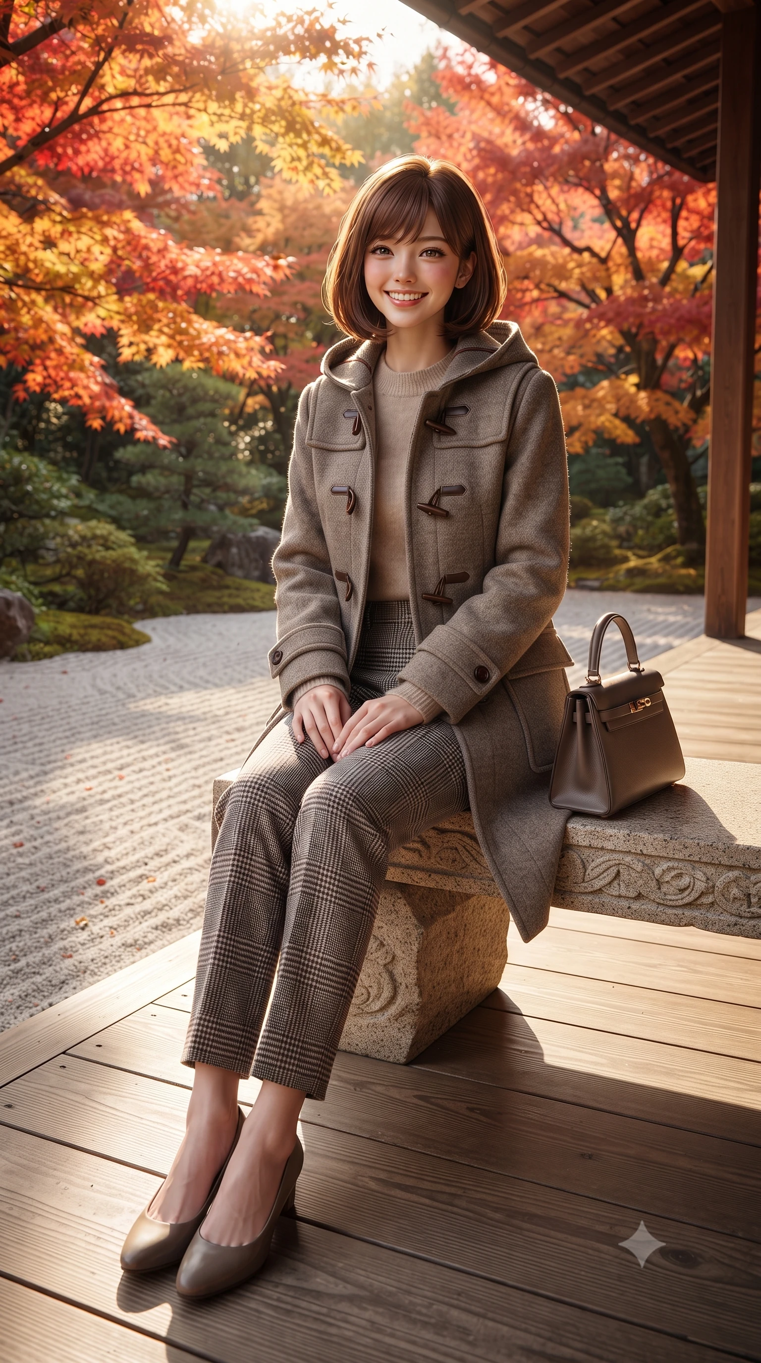 score_9, masterpiece, best quality, ultra-detailed, high-budget anime keyframe, editorial fashion photography, tasteful artistic composition, Caucasian woman. low angle full-body shot from head to toe showing her feet, filling the entire 9:16 vertical frame with her statuesque presence, stretching her vertical silhouette. sitting gracefully on the carved stone bench with legs crossed at the ankles, hands resting gently in her lap with noble poise while walking along the exterior wooden gallery overlooking raked white gravel and flaming crimson maple leaves, her tailored coat flowing with poise. The surrounding environment is rendered in vivid detail and crisp panoramic clarity: sharp fine grain on polished hinoki cypress veranda planks, precise raked lines in granite sand, and maple leaf serrations in deep focus. She has an exceptionally tall and slender model-like 8.5-heads proportion, an ultra-slim waist, a flat toned midriff, narrow delicate ribcage, and beautifully sculpted feminine hips creating a graceful, slim hourglass silhouette without any bulky heaviness, with impossibly long slender legs. sharp v-shaped jawline, high-bridge nose, intricate jewel-like sparkling eyes with depth, thick eyelashes, glossy parted lips with a natural peach sheen, bright cheerful beaming smile with an enchanting and coquettish sensual glint, exuding both youthful cute charm and seductive allure, flawlessly proportioned anatomical accuracy, strict slender model proportions, natural body alignment, perfectly sculpted long slender limbs, ultra-slim waistline, clean dynamic posture without body distortion. wearing a structured boiled-wool duffle coat with horn toggles over a soft alpaca sweater and tailored wool slacks in classic glen plaid monochrome with subtle wine red accent, crafted from fluid mulberry silk twill with an understated lustrous pearl finish, finished with a structured leather top-handle mini bag resting gracefully at her side, the expertly draped wool fabric falling in crisp fluid lines along her tall 8.5-heads silhouette, celebrating her slender frame without excess fabric bulk. bathed in filtered golden autumn sunlight dappled through brilliant red and orange maple foliage. ultra-reflective glossy finish, specular highlights, rich textural contrasts, high-contrast stereoscopic depth, volumetric dynamic lighting, 2k, ultra detail, master piece, 9:16 ratio