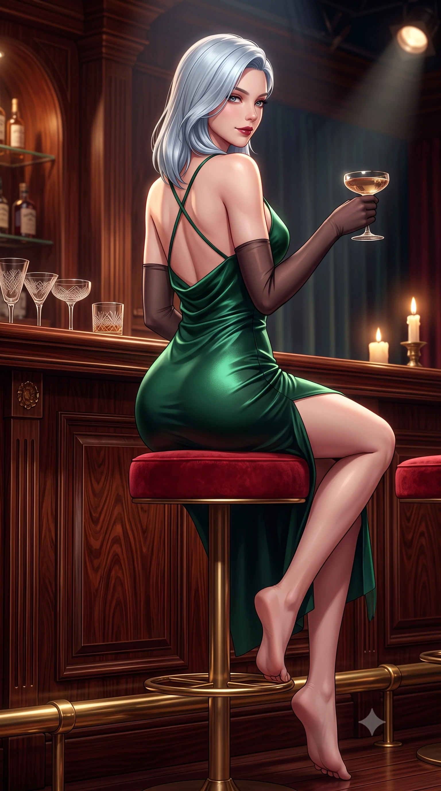 score_9, masterpiece, best quality, ultra-detailed, high-budget anime keyframe, semi-realistic 3D game render, editorial fashion photography, tasteful artistic composition, Korean woman. low angle full-body shot from head to toe showing her feet, filling the entire 9:16 vertical frame with her statuesque presence, stretching her vertical silhouette. posing with back turned slightly to the lens, glancing back with an intoxicating, dangerous smile as she arches her lower back to emphasize her sculpted feminine hips and slender waist while sitting gracefully on a round red velvet stool with one leg crossed over the other, holding an antique cocktail coupe with a smoldering, playful half-smile. The surrounding environment is rendered in vivid detail and crisp panoramic clarity. sharp polished mahogany wood grain, etched vintage cocktail glass patterns, and brass footrail gleam in deep focus. She has an exceptionally tall and slender model-like 8.5-heads proportion, an ultra-slim waist, a flat toned midriff, narrow delicate ribcage, and beautifully sculpted feminine hips creating a graceful, slim hourglass silhouette without any bulky heaviness, with impossibly long slender legs. sharp v-shaped jawline, high-bridge nose, intricate jewel-like dark sparkling eyes with dangerous depth, thick curled eyelashes, glossy parted lips with a rich wine sheen, smoldering seductive half-smile with bedroom-eyes, exuding effortless superiority and intoxicating dark allure, flawlessly proportioned anatomical accuracy, strict slender model proportions, natural body alignment, perfectly sculpted long slender limbs, ultra-slim waistline, clean dynamic posture without body distortion. wearing a cowl-neck emerald green silk satin slip dress with criss-cross back straps and hip-accentuating drape in pure obsidian monochrome with subtle metallic sheen, made of liquid-tight stretch jersey emphasizing every curve of her body, complemented by sheer dark opera gloves reaching past her elbows, the high-waisted tailoring accentuating her ultra-slim waistline and the enchanting curve of her feminine hips with alluring dark charm. bathed in soft flickering candlelight and moody theatrical stage downlights. highly saturated vibrant anime colors, detailed shading with soft gradients, rich glossy textures, high-contrast stereoscopic depth, volumetric dynamic lighting, master piece, 9:16 ratio