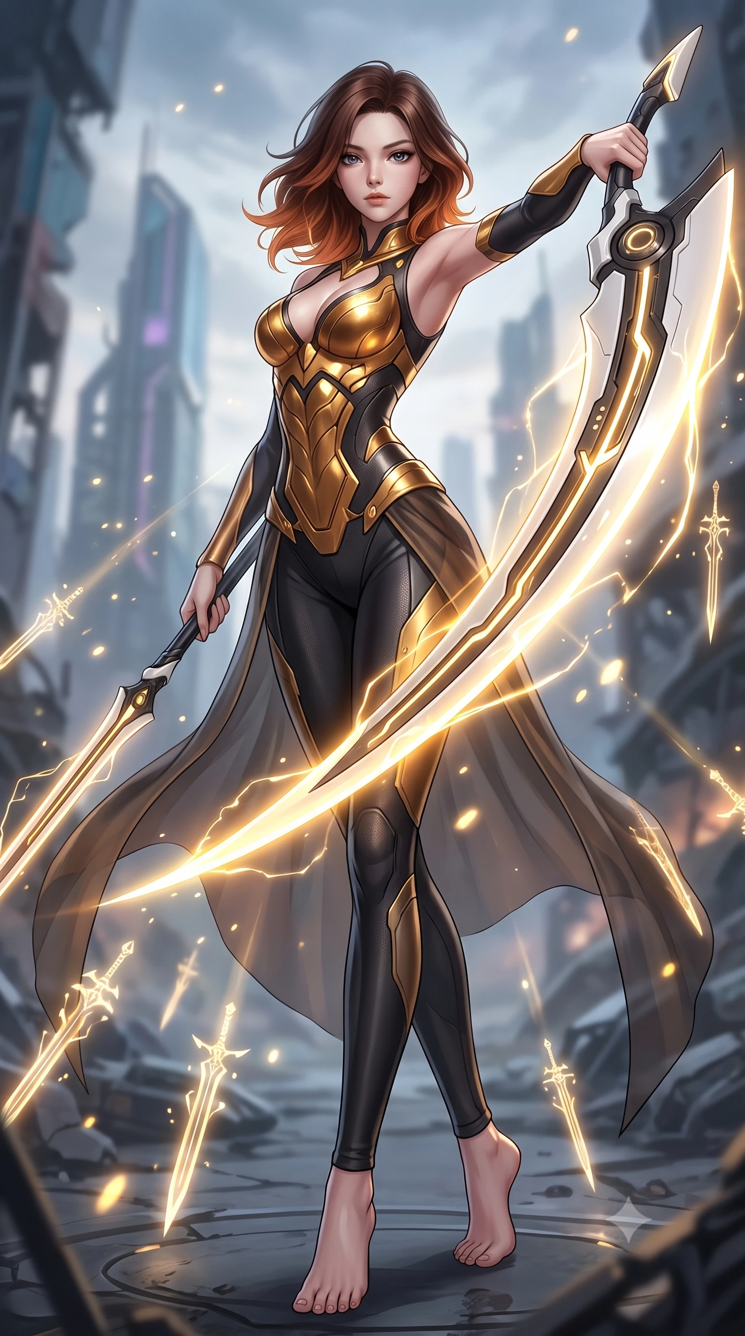 score_9, masterpiece, best quality, ultra-detailed, high-budget anime keyframe, semi-realistic 3D game render, editorial fashion photography, tasteful artistic composition, Korean woman. low angle full-body shot from head to toe showing her feet, filling the entire 9:16 vertical frame with her statuesque presence, stretching her vertical silhouette. arching her spine in a fluid zero-gravity combat turn with sovereign grace, her long slender legs and sculpted torso creating a sweeping line of power while arching her spine in a fluid motion as glowing golden energy channels along the broad blade illuminate her sculpted torso. The composition keeps background elements in soft focus with creamy bokeh. sparks and glowing sword glyphs scattering radiant light motes across a ruined futuristic backdrop. She has an absolutely perfect, statuesque 8.5-heads proportion, an exceptionally tall and slender model-like female figure with impossibly long slender legs, a toned flat midriff, and an ultra-slim waist. sharp v-shaped jawline, high-bridge nose, intricate jewel-like eyes with depth, thick eyelashes, glossy lips with a natural sheen, flawlessly proportioned anatomical accuracy, strict slender model proportions, natural body alignment, perfectly sculpted long slender limbs, ultra-slim waistline, clean dynamic posture without body distortion. wearing a sculpted molten-gold and dark carbon cuirass paired with high-mobility combat leggings and sheer side drapes, wielding a glowing plasma energy scythe with fluid grace in monochrome white enamel carbon with high-contrast black panels, made of lightweight aerodynamic carbon-titanium alloy with polished edge bevels, featuring a sleek aerodynamic collar framed by subtle glowing cybernetic status LEDs, the glove-like aerodynamic second-skin fit tightly clinging to her ultra-slender waist and athletic curves without adding bulk, accentuating her razor-sharp statuesque lines and slim hourglass silhouette. surrounded by an invincible, royal, and fiercely captivating cyber-gladiator empress aura. rich saturated anime colors with glowing neon highlights, detailed shading with soft gradients, rich glossy textures, high-contrast stereoscopic depth, volumetric dynamic lighting, master piece, 9:16 ratio