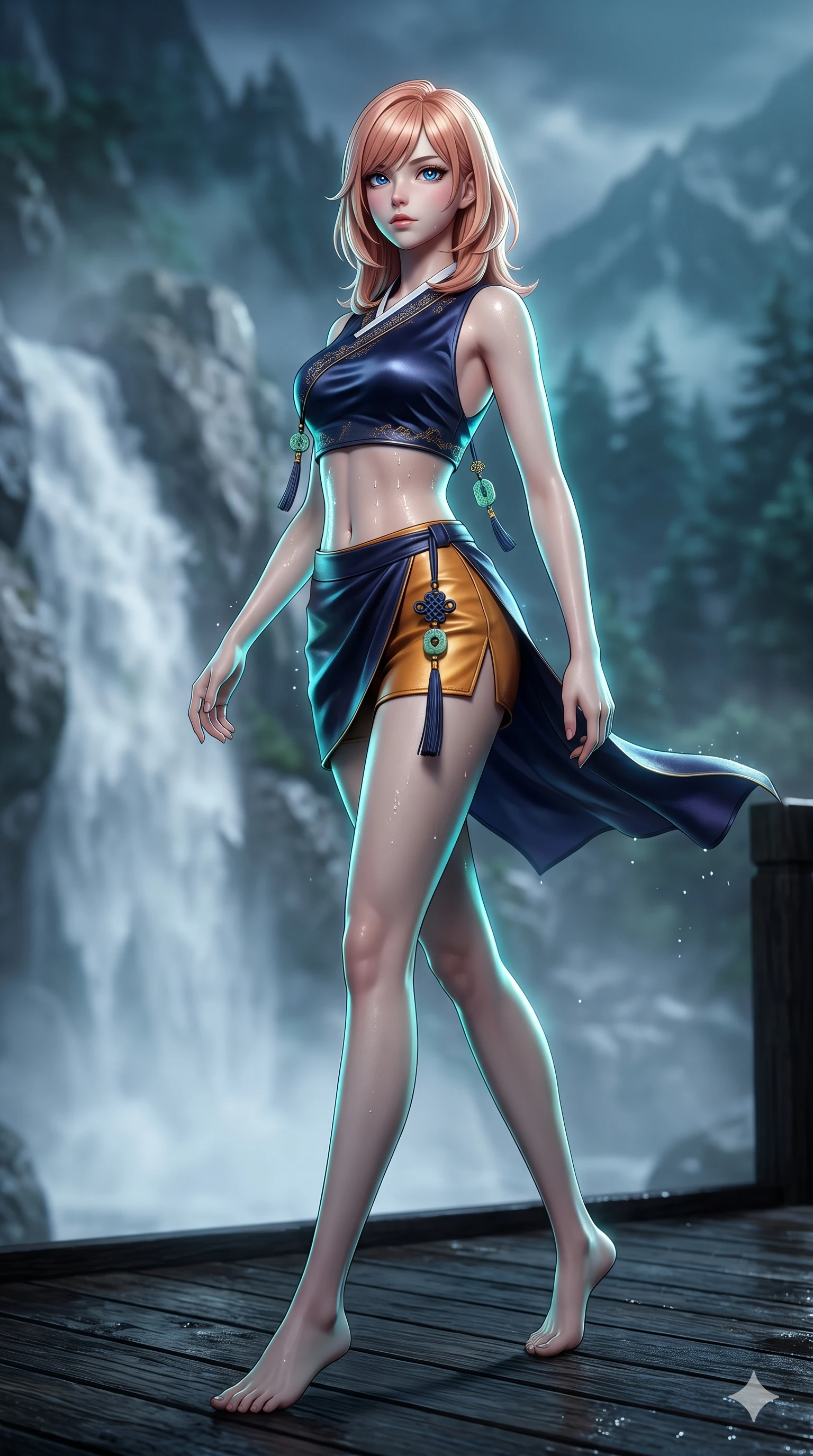 score_9, masterpiece, best quality, ultra-detailed, high-budget anime keyframe, semi-realistic 3D game render, editorial fashion photography, tasteful artistic composition, Japanese woman. low angle full-body shot from head to toe showing her feet, filling the entire 9:16 vertical frame with her statuesque presence, stretching her vertical silhouette. striding across the moonlit timber deck as nocturnal breezes whip her garments open, accentuating her long slender legs and curvy hips while twisting her slender torso in an alluring contrapposto stance, waterfall spray droplets and moonbeams glistening across her flat midriff. The background shows a soft-focus churning white waterfall cascades, misty granite gorges, and distant mountain pine peaks blurred into aquamarine, silver, and slate bokeh. She has an absolutely perfect, statuesque 8.5-heads proportion, an exceptionally tall and slender model-like female figure with impossibly long slender legs, an ultra-slim waist, a flat toned midriff, narrow delicate ribcage, and beautifully sculpted feminine hips creating a graceful, slim hourglass silhouette without any bulky heaviness. sharp v-shaped jawline, high-bridge nose, sparkling eyes with hypnotic seductive depth, thick curled eyelashes, glossy parted lips with a natural dewy peach sheen, alluring bedroom-eyes with an enchanting coquettish smile, exuding magnetic siren charisma and sophisticated glamour, flawlessly proportioned anatomical accuracy, strict slender model proportions, natural body alignment, perfectly sculpted long slender limbs, ultra-slim waistline, clean dynamic posture without body distortion. wearing a liquid-look silk satin jeogori crop top with low-back scoop paired with high-slit wrap mini shorts in midnight indigo and glowing lantern topaz, made of supple butter-soft lambskin leather with a subtle satin sheen, finished with authentic carved jade pendants and traditional norigae knots, the glove-like clinging cut tightly following the natural contour of her hips and long slender legs with youthful 8.5-heads elegance. illuminated by waterfall foam bounce and sharp cyan-aquamarine rim lights sculpting her razor-sharp jawline, narrow waist, and curvy hips. highly saturated vibrant anime colors, detailed shading with soft gradients, rich glossy textures, high-contrast stereoscopic depth, volumetric dynamic lighting, master piece, 9:16 ratio