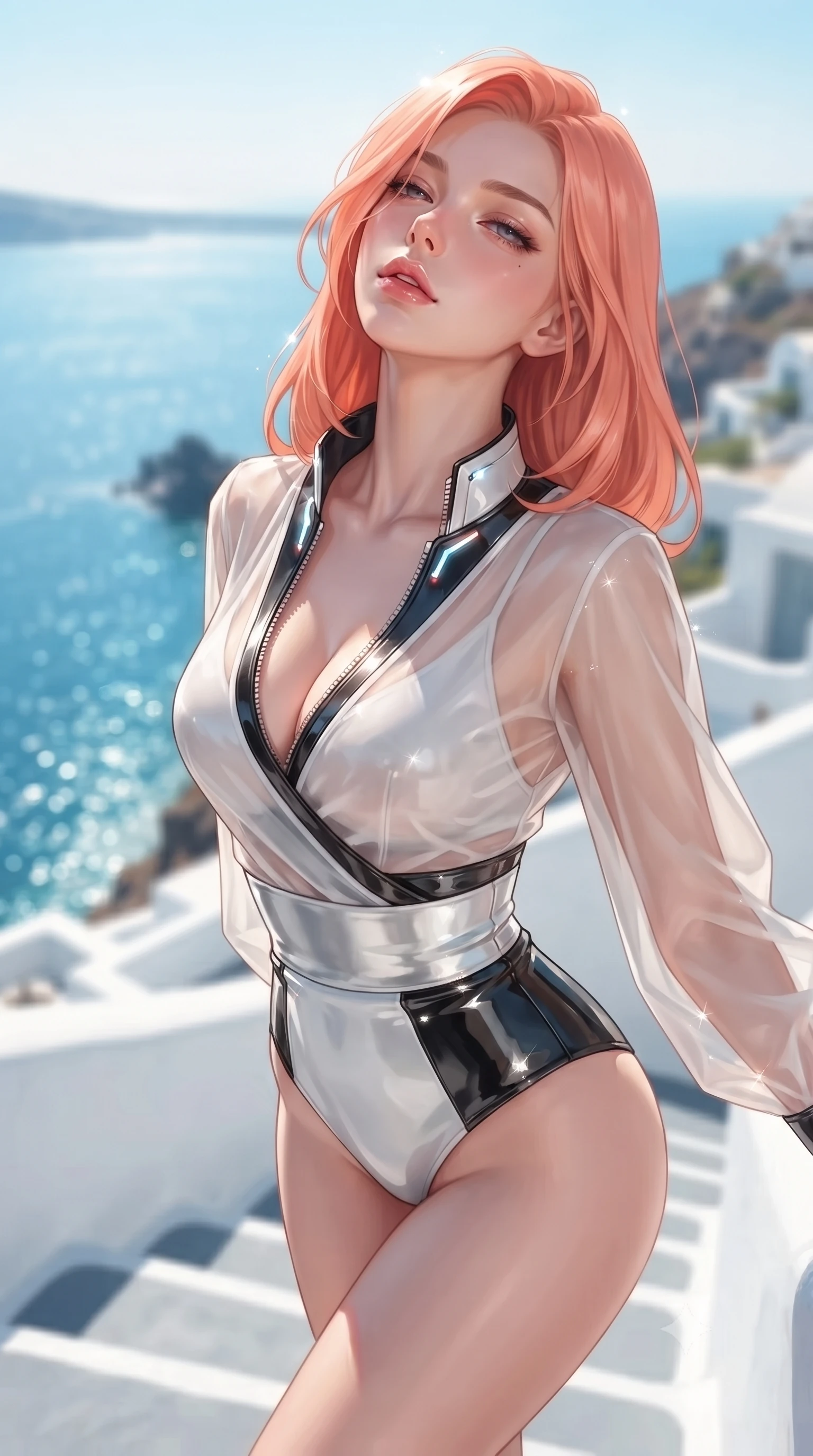 score_9, masterpiece, best quality, ultra-detailed, high-budget anime keyframe, editorial fashion photography, tasteful artistic composition, Japanese woman. close-up cowboy shot from the waist and thighs up, the character dominates the composition, filling the frame with her large presence. tilting her head back with a sensual alluring expression, exposing her throat and shoulders to the camera with heavy lashes and softly parted glossy lips while pivoting dynamically on white caldera steps with a breathtaking view of the sparkling sunlit Mediterranean sea. The composition keeps background elements in soft focus with creamy bokeh. sparkling turquoise sea waves and white cliffside architecture blurred into creamy, sun-drenched azure bokeh. She has an exceptionally elegant, slender, and willowy female figure with an ultra-slim waist, a gracefully sculpted slender torso, toned flat midriff, and a refined slim silhouette. sharp v-shaped jawline, high-bridge nose, intricate jewel-like eyes with depth, thick eyelashes, glossy lips with a natural sheen, flawlessly proportioned anatomical accuracy, strict slender model proportions, natural body alignment, perfectly sculpted long slender limbs, ultra-slim waistline, clean dynamic posture without body distortion. wearing a shortened cyber-fusion wrap top with transparent chiffon panels, a deep crossover neckline, and a high-waisted metallic sash that accentuates her ultra-slim waist in high-gloss monochrome white and sharp black contrast, formed from high-gloss patent material with specular light reflections, featuring a dangerously unzipped neckline framed by glowing cybernetic accents, the form-contouring material adhering flawlessly to her sculpted flat midriff and slender torso, emphasizing her long leg lines and perfectly proportioned willowy build. illuminated by clear sky fill light and sparkling specular highlights tracing her slender curves. ultra-reflective glossy finish, specular highlights, metallic sheen, high-contrast stereoscopic depth, volumetric dynamic lighting, 2k, ultra detail, master piece, 9:16 ratio