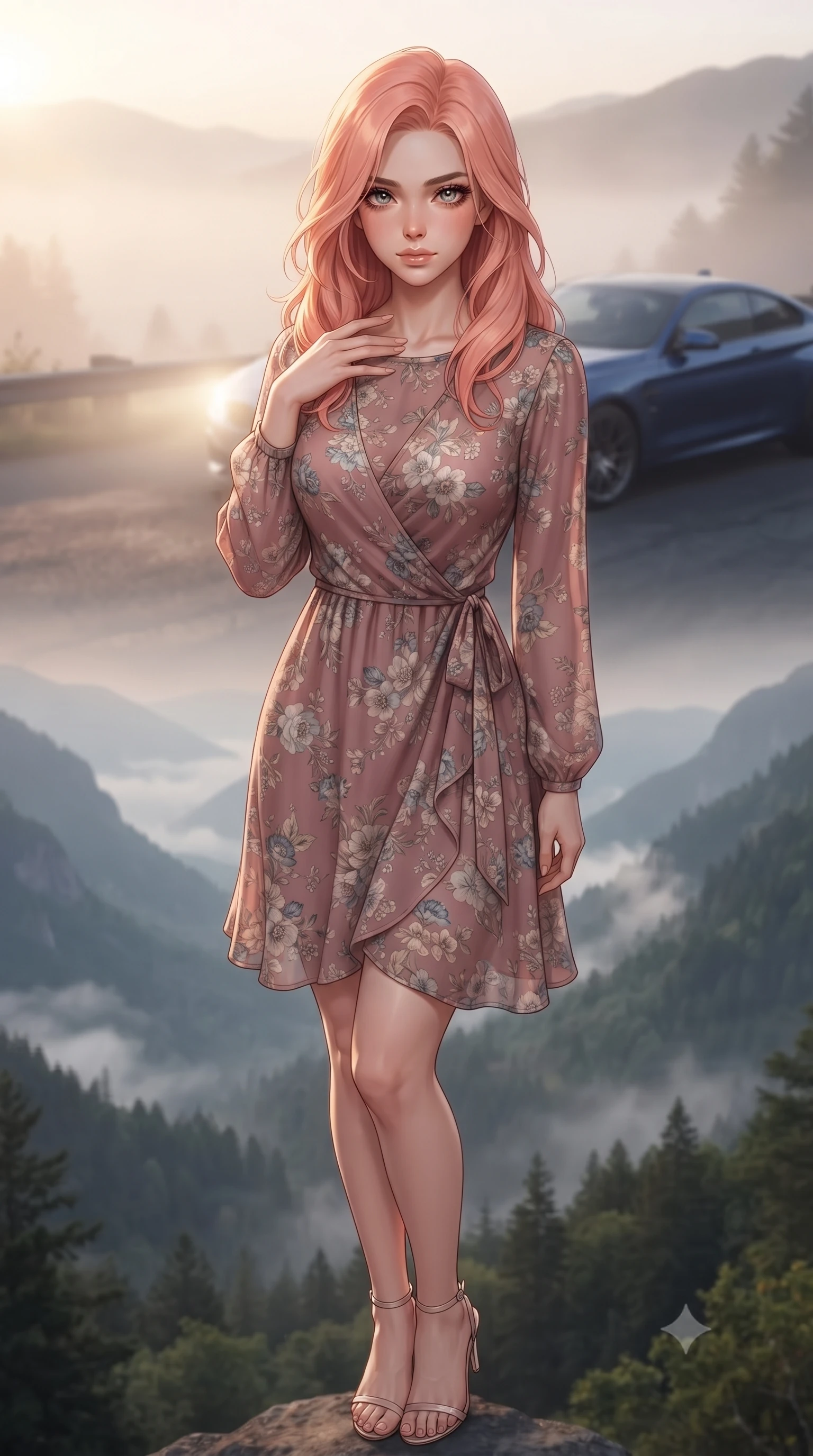 score_9, masterpiece, best quality, ultra-detailed, high-budget anime keyframe, editorial fashion photography, tasteful artistic composition, Japanese woman. close-up cowboy shot from the waist and thighs up, the character dominates the composition, filling the frame with her large presence, background elements kept in soft focus. standing with one hand resting on her collarbone, looking at the viewer with bedroom-eyes the background shows a soft-focus a quiet mountain road overlook with a parked sports car and a misty valley below. She has an exceptionally elegant, slender, and willowy female figure with an ultra-slim waist, a gracefully sculpted slender torso, and a refined silhouette. sharp v-shaped jawline, high-bridge nose, intricate jewel-like eyes with depth, thick eyelashes, glossy lips with a natural sheen. wearing a slim-fit flowy floral-patterned wrap dress in dusty rose chiffon with long sleeves and a modest crew neck. soft morning mist diffusing the warm headlights of the car. ultra-reflective glossy finish, specular highlights, metallic sheen, high-contrast stereoscopic depth, volumetric dynamic lighting, 2k, ultra detail, master piece, 9:16 ratio