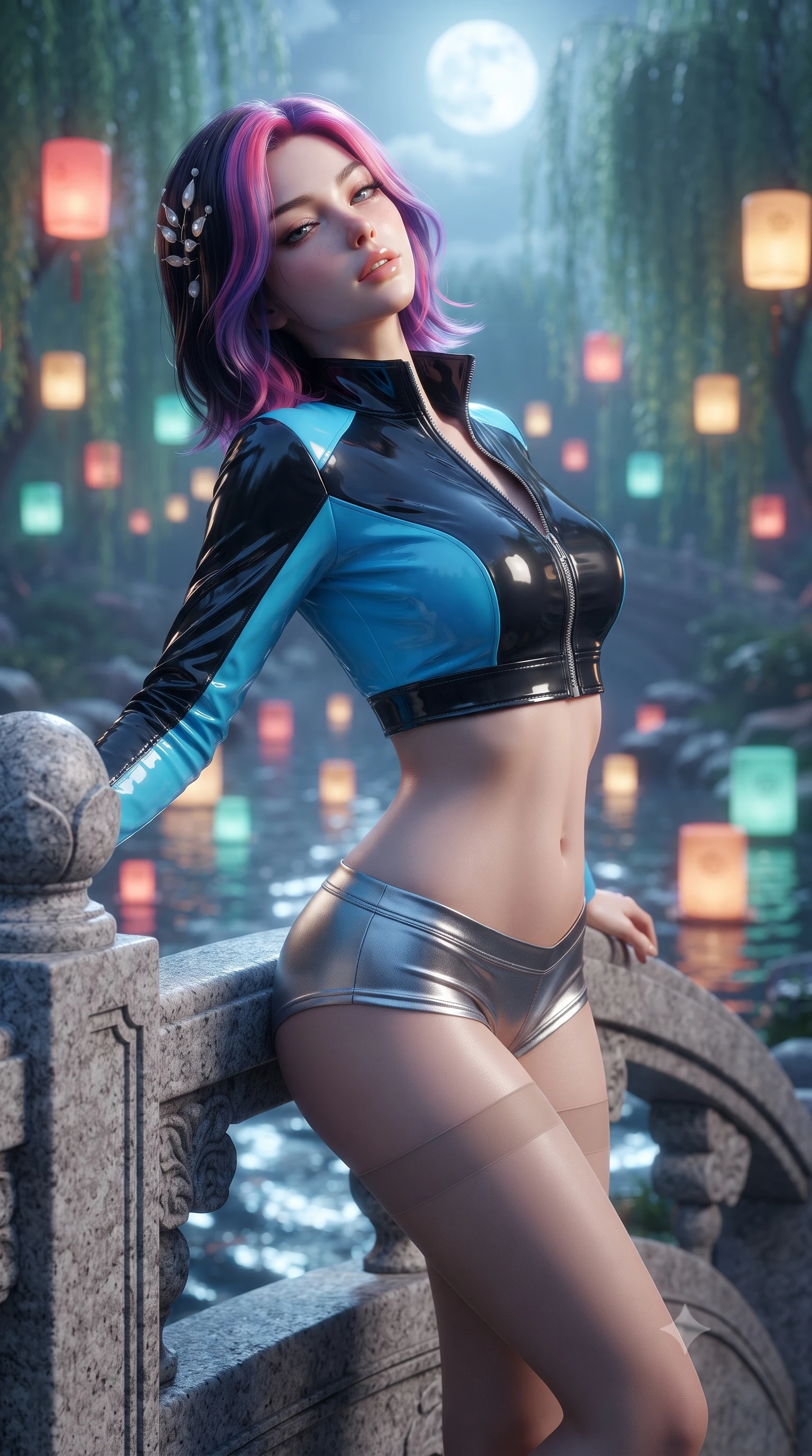 score_9, masterpiece, best quality, ultra-detailed, high-budget anime keyframe, editorial fashion photography, tasteful artistic composition, Caucasian woman. close-up cowboy shot from the waist and thighs up, the character dominates the composition, filling the frame with her large presence. leaning back against the balustrade with relaxed seductive grace, head tilted back slightly while casting a hypnotic, heavy-lidded gaze while standing poised on the arched granite bridge above the bubbling stream, arching her back with breathless fairy-tale allure. The background shows a soft-focus floating paper lantern lights on the stream and weeping willows blurred into coral, gold, and aquamarine bokeh. She has an exceptionally elegant, slender, and willowy female figure with an ultra-slim waist, flat toned midriff, narrow ribcage, and sculpted feminine hips creating an alluring, slim hourglass silhouette without bulk. sharp v-shaped jawline, high-bridge nose, sparkling eyes with hypnotic seductive depth, thick curled eyelashes, glossy parted lips with a natural dewy peach sheen, alluring bedroom-eyes with an enchanting coquettish smile, exuding magnetic siren charisma and sophisticated glamour, flawlessly proportioned anatomical accuracy, strict slender model proportions, natural body alignment, perfectly sculpted long slender limbs, ultra-slim waistline, clean dynamic posture without body distortion. wearing a form-fitting zip-front wet-look vinyl bolero jacket paired with low-rise metallic hot-pants and sheer stockings in dual-tone high-contrast neon monochrome, crafted from wet-look high-gloss vinyl fabric with dazzling specular surface reflections, finished with delicate mother-of-pearl hairpin ornaments glinting in her dark glossy hair, the second-skin tailored fabric adhering flawlessly to her sculpted flat midriff and slender torso, emphasizing her long leg lines and perfectly proportioned willowy build. bathed in radiant celestial moonlight combined with floating candle lantern glows from the stream. ultra-reflective glossy finish, specular highlights, rich textural contrasts, high-contrast stereoscopic depth, volumetric dynamic lighting, 2k, ultra detail, master piece, 9:16 ratio