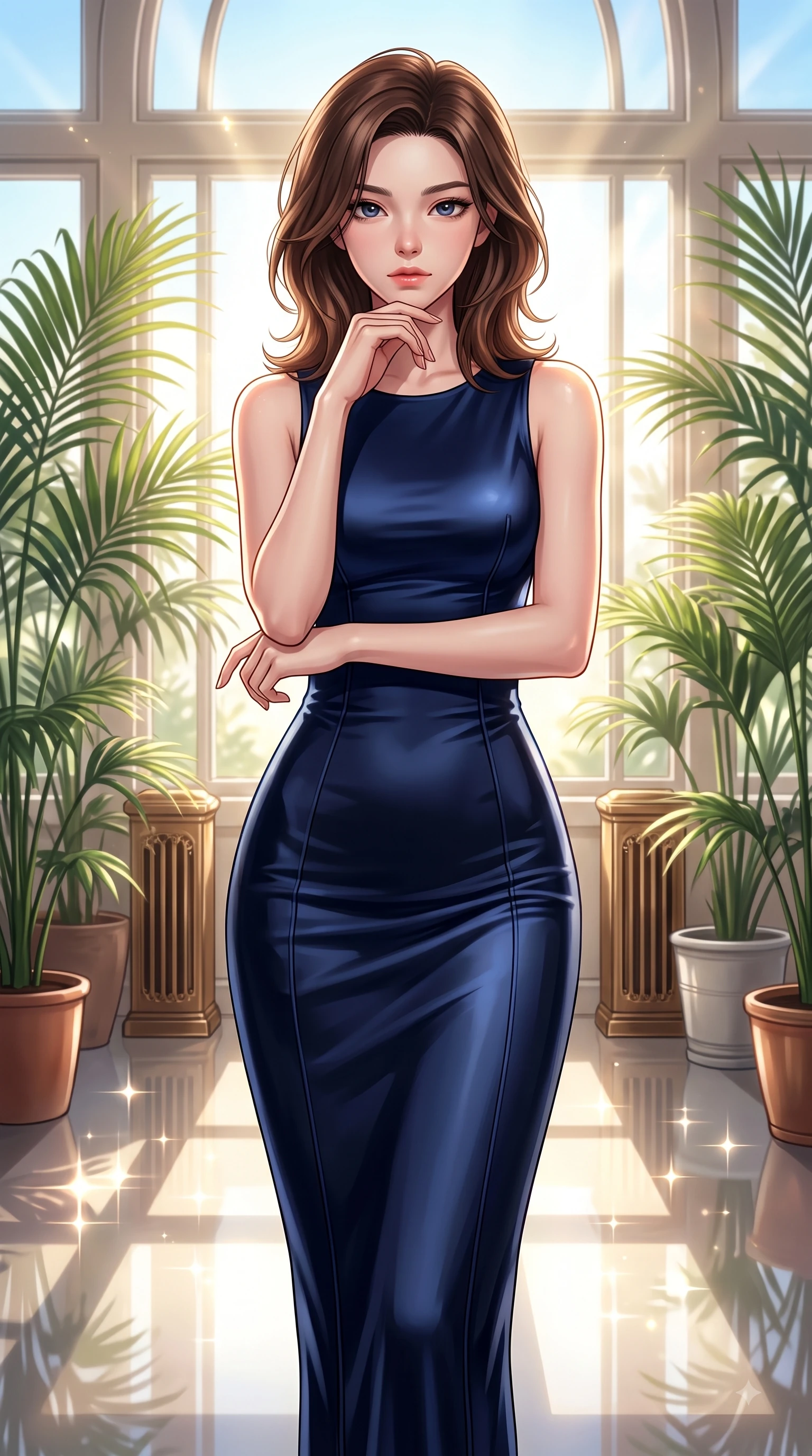 score_9, masterpiece, best quality, ultra-detailed, high-budget anime keyframe, editorial fashion photography, tasteful artistic composition, Korean woman woman. close-up cowboy shot from the waist and thighs up, the character dominates the composition, filling the frame with her large presence, background elements kept in soft focus. She has an exceptionally elegant, slender, and willowy female figure with an ultra-slim waist, a gracefully sculpted slender torso, and a refined silhouette. resting her chin on the back of her fingers in a thoughtful and effortless pose, flawlessly proportioned anatomical accuracy, natural body alignment, perfectly sculpted elegant limbs, clean dynamic posture without body distortion. set against a soft-focus background of a luxury sunroom filled with potted palms and bronze vents. wearing a sleek midnight navy silk column dress with form-contouring tailored seams. bathed in bright morning sunbeams creating sparkling glints on polished floors. highly saturated vibrant anime colors, detailed shading with soft gradients, rich glossy textures, high-contrast stereoscopic depth, volumetric dynamic lighting, master piece, 9:16 ratio