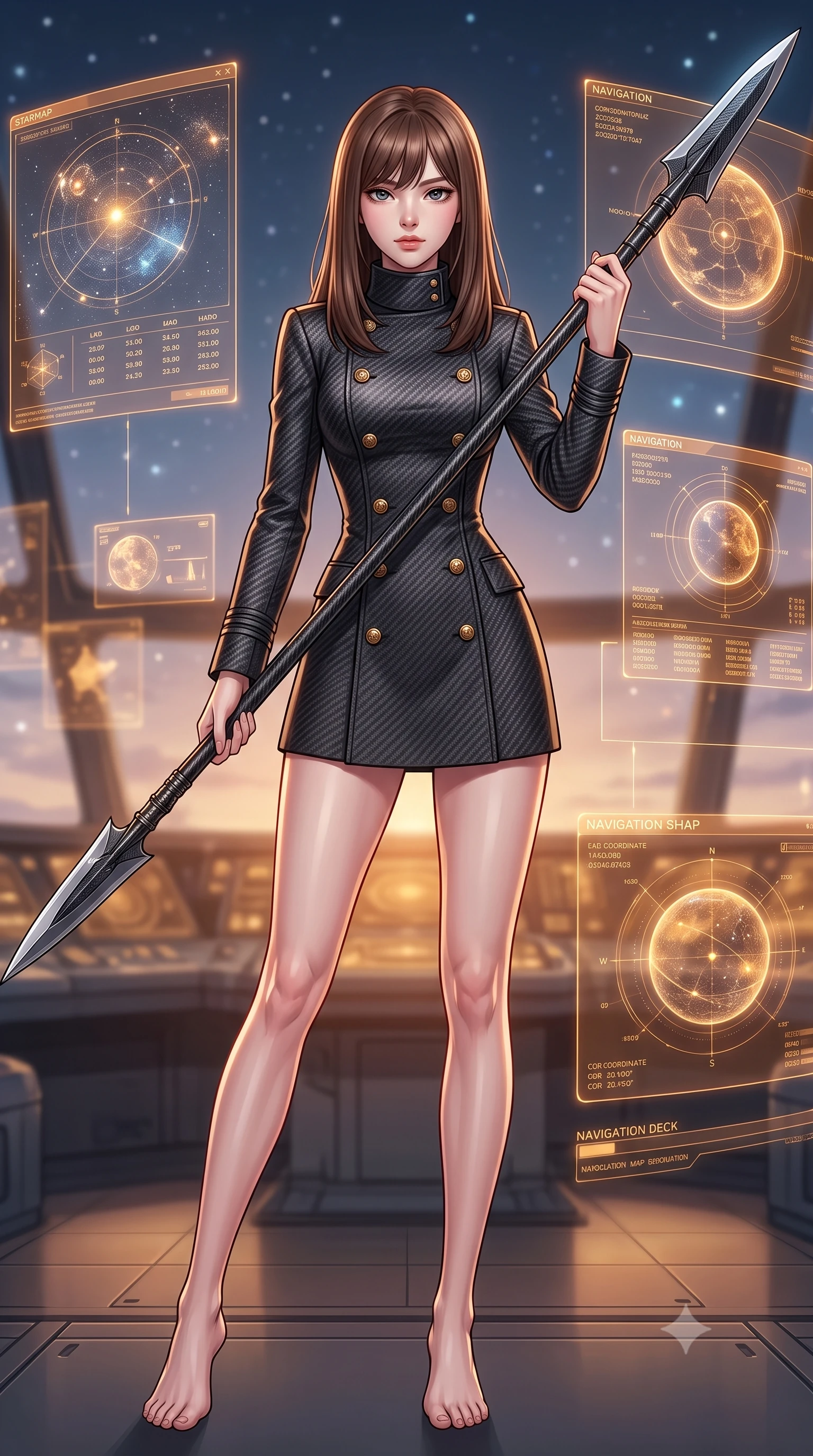 score_9, masterpiece, best quality, ultra-detailed, high-budget anime keyframe, editorial fashion photography, tasteful artistic composition, Korean woman. low angle full-body shot from head to toe showing her feet, filling the entire 9:16 vertical frame with her statuesque presence, stretching her vertical silhouette. standing in a dynamic combat stance with a carbon-fiber spear held diagonally, stretching her statuesque body, the background shows a soft-focus the navigation deck of a singularity ship, surrounded by floating starmaps. She has an absolutely perfect, statuesque 8.5-heads proportion, an exceptionally tall and slender model-like female figure with impossibly long slender legs and an ultra-slim waist. sharp v-shaped jawline, high-bridge nose, intricate jewel-like eyes with depth, thick eyelashes, glossy lips with a natural sheen. wearing a form-contouring tailored carbon-weave military dress coat with double-breasted brass buttons and a stiff high-collar wrap. soft starlight and the warm amber glow of planetary coordinate holograms. highly saturated vibrant anime colors, detailed shading with soft gradients, rich glossy textures, high-contrast stereoscopic depth, volumetric dynamic lighting, master piece, 9:16 ratio