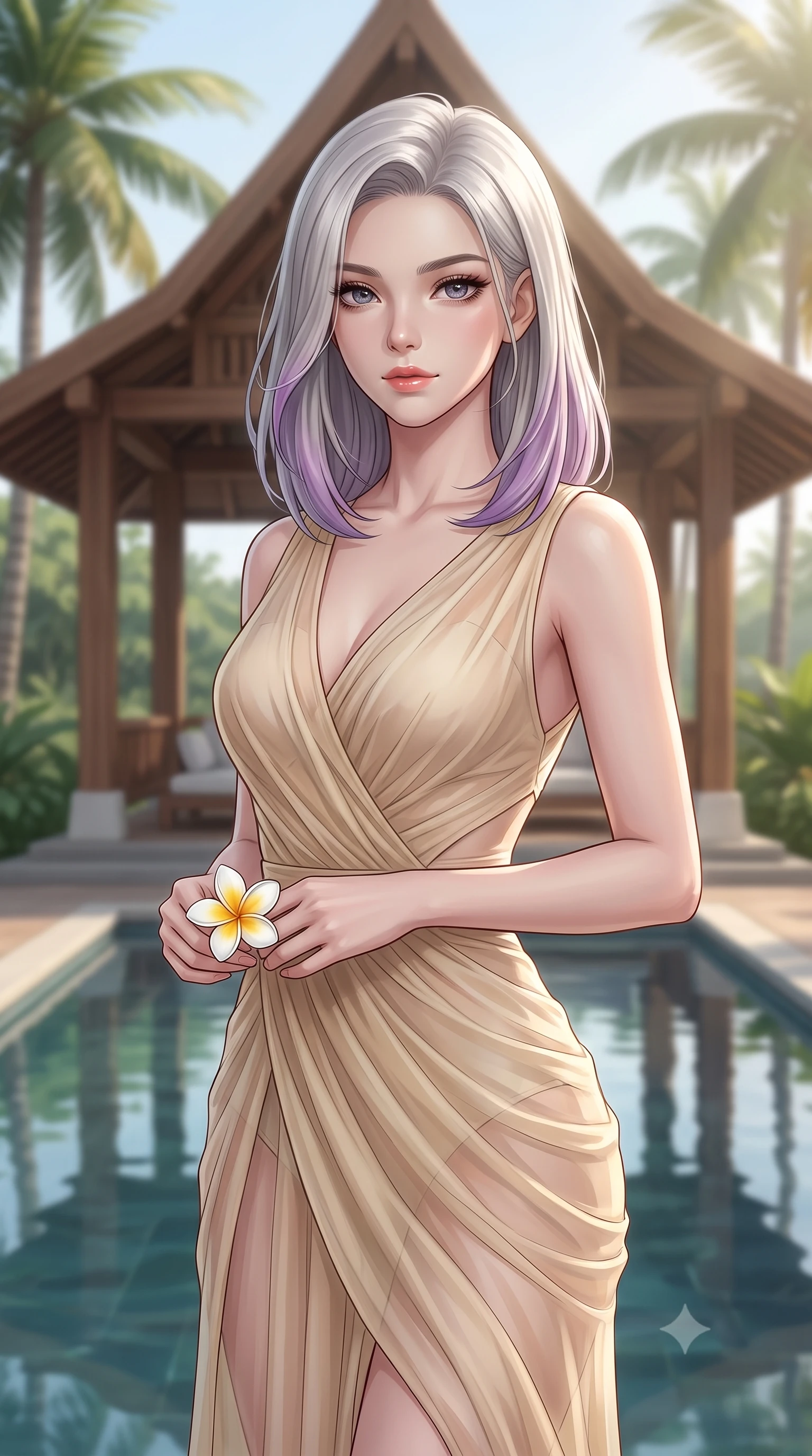 score_9, masterpiece, best quality, ultra-detailed, high-budget anime keyframe, editorial fashion photography, tasteful artistic composition, Caucasian woman woman. close-up cowboy shot from the waist and thighs up, the character dominates the composition, filling the frame with her large presence, background elements kept in soft focus. gazing directly at the viewer with a calm and welcoming expression, holding a fresh flower the background shows a soft-focus a wooden open-air pavilion surrounded by lush tropical palm trees and a calm water pool. She has an exceptionally elegant, slender, and willowy female figure with an ultra-slim waist, a gracefully sculpted slender torso, and a refined silhouette. sharp v-shaped jawline, high-bridge nose, intricate jewel-like eyes with depth, thick eyelashes, glossy lips with a natural sheen. wearing a form-contouring semi-transparent chiffon wrap dress in champagne gold, showing a glimpse of her waist. soft diffused tropical morning sunrays creating a serene resort vibe. 2k, ultra detail, master piece, 9:16 ratio