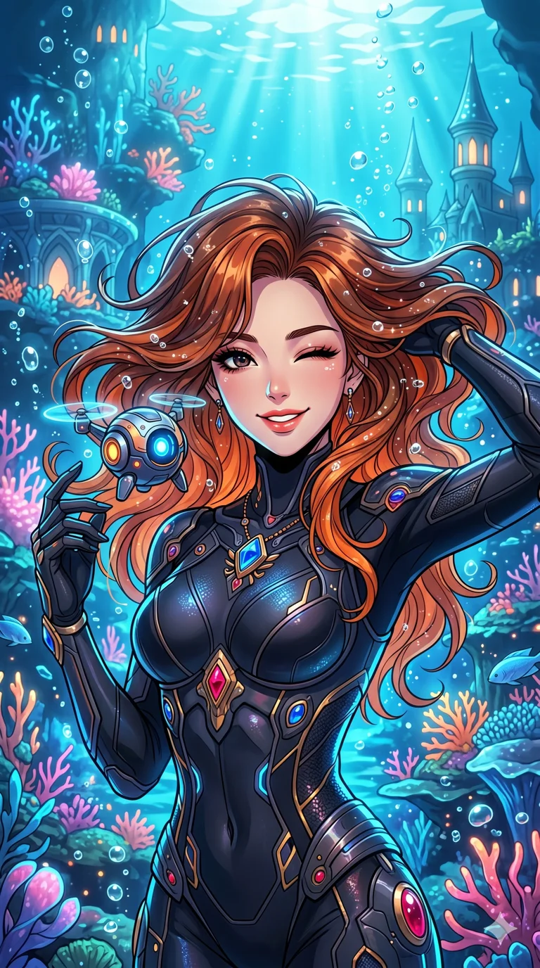 score_9, masterpiece, best quality, ultra-detailed, high-budget anime keyframe, vibrant colors and expressive line art, an incredibly beautiful Korean woman. Medium shot of upper body focusing on her alluring and cute features and her autumn-forest hair with rich copper, earthy brown, and vibrant orange layers, filling the vertical 9:16 frame. She is winking while a small cute drone hovers near her cheek. She has a sharp v-shaped jawline, high-bridge nose, intricate jewel-like eyes, thick eyelashes, and glossy lips. She possesses an absolutely perfect 8-heads proportion and a slim-fit silhouette. She is wearing a form-fitting cybernetic ninja suit with intricate jewel-like ornaments, highlighting her alluring silhouette. a magical underwater kingdom with glowing corals and bubbles, dramatic rim lighting, cinematic shadows, 2k, ultra detail, master piece, 9:16 ratio