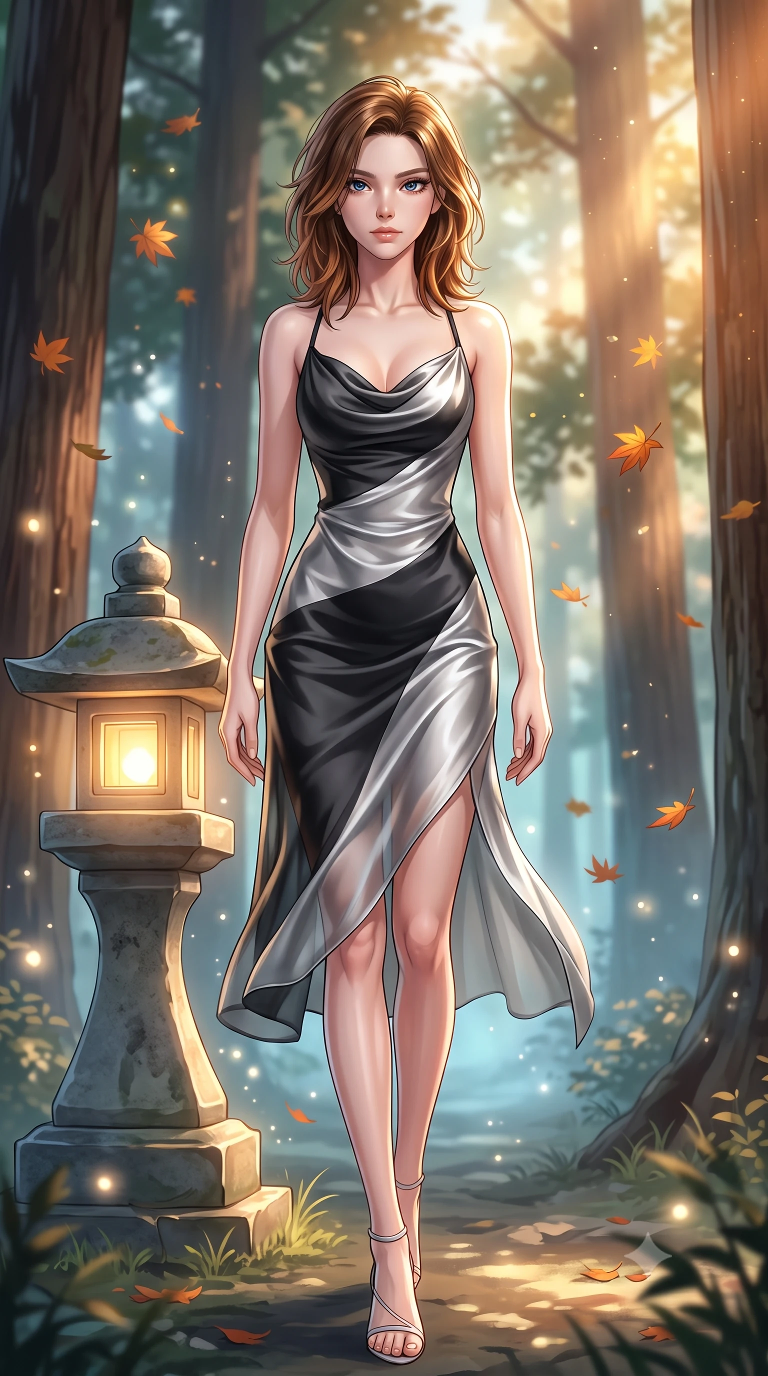 score_9, masterpiece, best quality, ultra-detailed, high-budget anime keyframe, editorial fashion photography, tasteful artistic composition, Korean woman. low angle full-body shot from head to toe showing her feet, filling the entire 9:16 vertical frame with her statuesque presence, stretching her vertical silhouette. forging dynamically through the scene, her vertical silhouette beautifully stretched standing near a sacred stone lantern glowing softly in a cedar grove at dawn, floating autumn leaves and glowing mist motes adding serene magic. She has an absolutely perfect, statuesque 8.5-heads proportion, an exceptionally tall and slender model-like female figure with impossibly long slender legs and an ultra-slim waist. sharp v-shaped jawline, high-bridge nose, intricate jewel-like eyes with depth, thick eyelashes, glossy lips with a natural sheen. wearing an elegant cowl-neck satin midi dress with a draped neckline in matte black and polished silver, woven from fine semi-opaque sheer organza, complemented by criss-cross back straps highlighting her bare shoulders, the elegant draped fit framing her graceful clavicle and slender torso. illuminated by soft glowing paper lantern light and warm sunbursts. highly saturated vibrant anime colors, detailed shading with soft gradients, rich glossy textures, high-contrast stereoscopic depth, volumetric dynamic lighting, master piece, 9:16 ratio