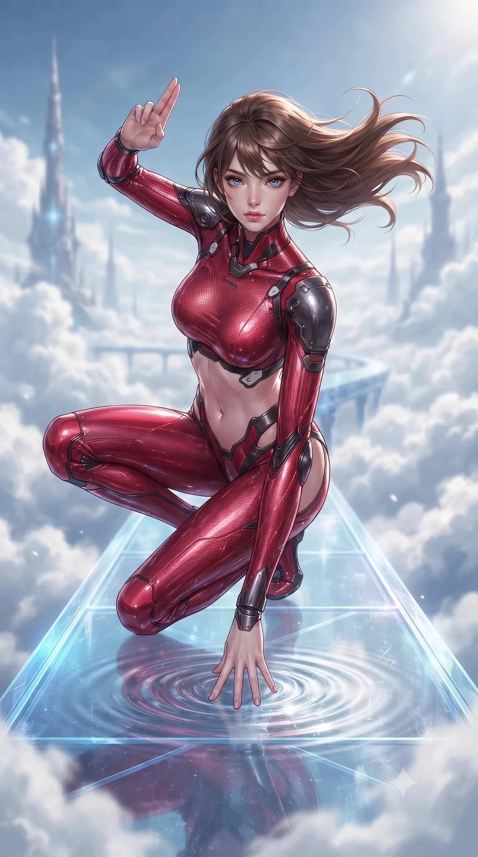 score_9, masterpiece, best quality, ultra-detailed, high-budget anime keyframe, editorial fashion photography, tasteful artistic composition, Korean woman. low angle full-body shot from head to toe showing her feet, filling the entire 9:16 vertical frame with her statuesque presence, stretching her vertical silhouette. landing gracefully from a high-altitude leap on one knee and palm, her statuesque silhouette framed by radial shockwave ripples in the ground while stepping along a glowing crystal bridge suspended above clouds with arms held in ancient martial arts harmony. The composition keeps background elements in soft focus with creamy bokeh. billowing white cloud seas and distant celestial spires softened by shallow atmospheric focus. She has an absolutely perfect, statuesque 8.5-heads proportion, an exceptionally tall and slender model-like female figure with impossibly long slender legs, a toned flat midriff, and an ultra-slim waist. sharp v-shaped jawline, high-bridge nose, intricate jewel-like eyes with depth, thick eyelashes, glossy lips with a natural sheen, flawlessly proportioned anatomical accuracy, strict slender model proportions, natural body alignment, perfectly sculpted long slender limbs, ultra-slim waistline, clean dynamic posture without body distortion. wearing a skin-tight crimson carbon-weave battle-suit with metallic dark chrome elbow dampers and hip-accentuating cutouts in monochrome white enamel carbon with high-contrast black panels, crafted from semi-translucent cybernetic carbon-vinyl interwoven with glowing micro-filaments, finished with high-mobility flexible limb seams and miniature magnetic armor locks, the sleek second-skin cut tightly hugging her graceful clavicle, narrow waist, and feminine curves with athletic precision. illuminated by crisp specular highlights tracing her sculpted flat midriff, bare spine, and slender limbs. ultra-reflective glossy finish, specular highlights, dark metallic sheen, high-contrast stereoscopic depth, volumetric dynamic lighting, 2k, ultra detail, master piece, 9:16 ratio