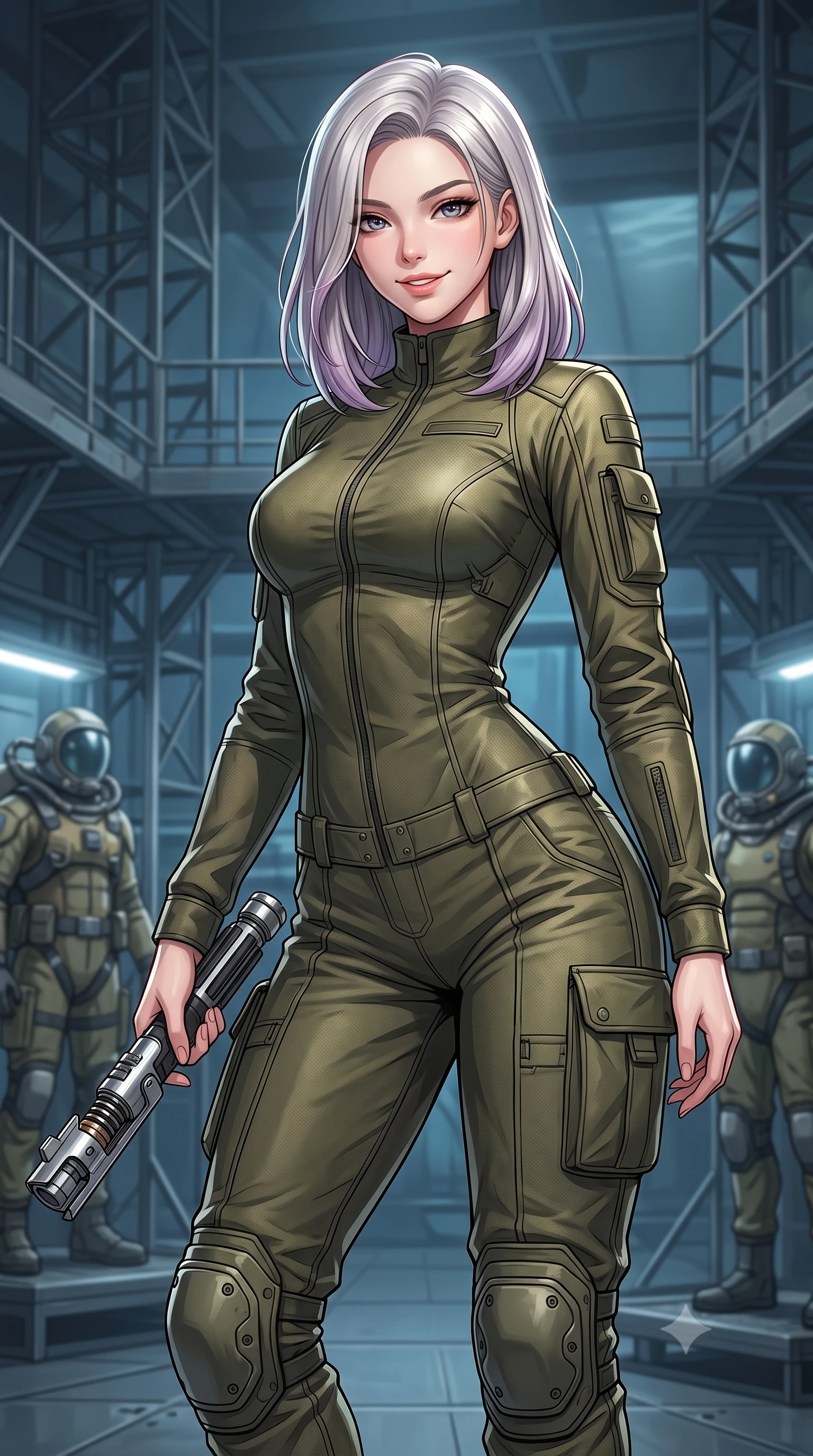 score_9, masterpiece, best quality, ultra-detailed, high-budget anime keyframe, editorial fashion photography, tasteful artistic composition, Caucasian woman. close-up cowboy shot from the waist and thighs up, the character dominates the composition, filling the frame with her large presence, background elements kept in soft focus. leaning slightly forward with a playful, teasing smile while holding a deactivated plasma saber hilt, the background shows a soft-focus a secret underwater hangar bay with steel scaffolds and diving armor suits. She has an exceptionally elegant, slender, and willowy female figure with an ultra-slim waist, a gracefully sculpted slender torso, and a refined silhouette. sharp v-shaped jawline, high-bridge nose, intricate jewel-like eyes with depth, thick eyelashes, glossy lips with a natural sheen. wearing a slim-fit high-collared utility combat jumpsuit made of rugged olive-drab ballistic fabric with protective knee guards. focused white halogen spotlights casting sharp, detailed shadows across her build. highly saturated vibrant anime colors, detailed shading with soft gradients, rich glossy textures, high-contrast stereoscopic depth, volumetric dynamic lighting, master piece, 9:16 ratio