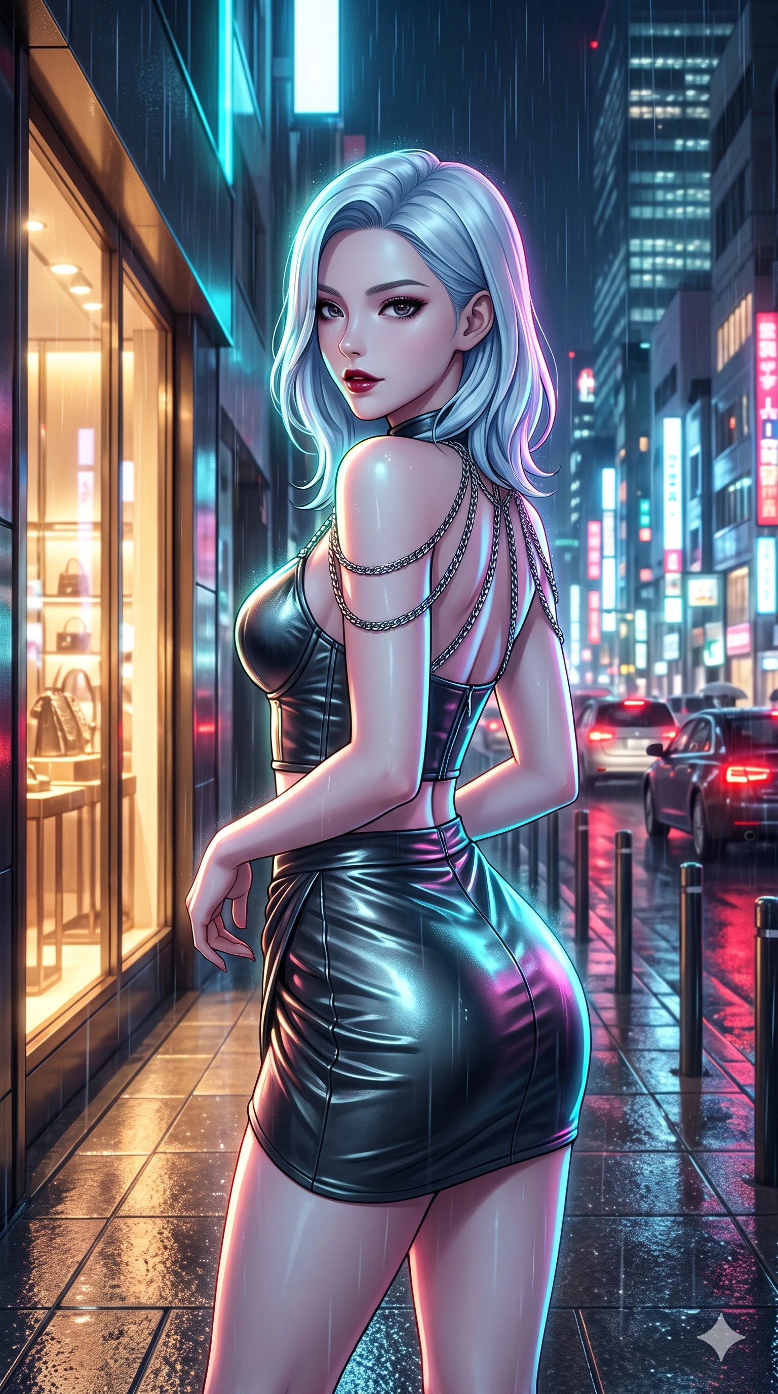 score_9, masterpiece, best quality, ultra-detailed, high-budget anime keyframe, semi-realistic 3D game render, editorial fashion photography, tasteful artistic composition, Korean woman. close-up cowboy shot from the waist and thighs up, the character dominates the composition, filling the frame with her large presence. pausing beside an illuminated luxury boutique window with hips cocked back, glancing back with an enchanting, dangerous smile through falling rain while glancing over her bare shoulder with parted glossy lips, her hips angled back in a seductive silhouette against the blurred city traffic. The surrounding environment is rendered in vivid detail and crisp panoramic clarity: detailed metallic leather mini dress cling, liquid mercury sheen, and modern Japanese cityscape in razor-sharp clarity. She has an exceptionally elegant, slender, and willowy female figure with an ultra-slim waist, flat toned midriff, narrow ribcage, and sculpted feminine hips creating an alluring, slim hourglass silhouette without bulk. sharp v-shaped jawline, high-bridge nose, intricate jewel-like dark sparkling eyes with dangerous depth, thick curled eyelashes, glossy parted lips with a rich wine sheen, smoldering seductive half-smile with bedroom-eyes, exuding effortless superiority and intoxicating dark allure, flawlessly proportioned anatomical accuracy, strict slender model proportions, natural body alignment, perfectly sculpted long slender limbs, ultra-slim waistline, clean dynamic posture without body distortion. wearing a structured underwire leather bustier top paired with an ultra-short draped wrap mini skirt in wet asphalt charcoal and neon magenta reflections, made of supple butter-soft lambskin leather with a subtle satin sheen, accented with an open-back drape framed by falling strands of delicate chrome chains, the liquid-tight tailored fabric clinging flawlessly to her narrow waist and rounded feminine hips, emphasizing every millimeter of her sculpted slim hourglass curves without any bulky heaviness. illuminated by mirror-wet road surface bounce and sharp electric-cyan rim lights defining her razor-sharp jawline, narrow waist, and curvy hips. highly saturated vibrant anime colors, detailed shading with soft gradients, rich glossy textures, high-contrast stereoscopic depth, volumetric dynamic lighting, master piece, 9:16 ratio