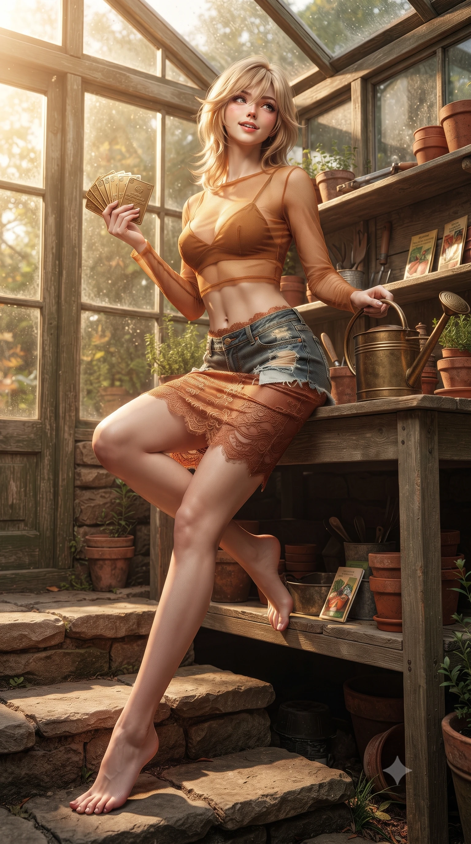 score_9, masterpiece, best quality, ultra-detailed, high-budget anime keyframe, editorial fashion photography, tasteful artistic composition, Japanese woman. low angle full-body shot from head to toe showing her feet, filling the entire 9:16 vertical frame with her statuesque presence, stretching her vertical silhouette. sitting poised on the stone steps with one knee bent, arching her spine with supermodel elegance as she glances upward through thick eyelashes while leaning against the weathered cedar potting bench with hips cocked back, holding an antique brass watering can with playful seductive cool. The surrounding environment is rendered in vivid detail and crisp panoramic clarity: detailed denim cutoff shorts fray, linen crop top weave, and authentic garden potting shed styling in razor-sharp precision. She has an absolutely perfect, statuesque 8.5-heads proportion, an exceptionally tall and slender model-like female figure with impossibly long slender legs, an ultra-slim waist, a flat toned midriff, narrow delicate ribcage, and beautifully sculpted feminine hips creating a graceful, slim hourglass silhouette without any bulky heaviness. sharp v-shaped jawline, high-bridge nose, sparkling eyes with hypnotic seductive depth, thick curled eyelashes, glossy parted lips with a natural dewy peach sheen, alluring bedroom-eyes with an enchanting coquettish smile, exuding magnetic siren charisma and sophisticated glamour, flawlessly proportioned anatomical accuracy, strict slender model proportions, natural body alignment, perfectly sculpted long slender limbs, ultra-slim waistline, clean dynamic posture without body distortion. wearing a delicate sheer mesh long-sleeve crop top layered over an opaque strappy micro-bralette and tight metallic skirt in warm amber honey and antique terracotta with gilded bronze, made of delicate semi-sheer French Chantilly lace with intricate eyelash edges, accented with a stack of engraved gold casino plaques held loosely in one hand, the form-contouring silhouette accentuating her sculpted flat midriff, narrow delicate ribcage, and gracefully curvy hips with intoxicating allure. bathed in warm sunbeams streaming through dusty greenhouse glass panes. ultra-reflective glossy finish, specular highlights, rich textural contrasts, high-contrast stereoscopic depth, volumetric dynamic lighting, 2k, ultra detail, master piece, 9:16 ratio