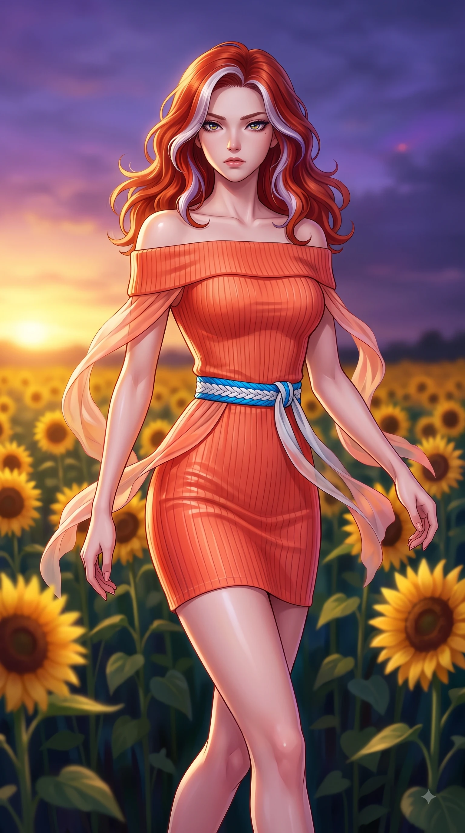 score_9, masterpiece, best quality, ultra-detailed, high-budget anime keyframe, editorial fashion photography, tasteful artistic composition, Caucasian woman. close-up cowboy shot from the waist and thighs up, the character dominates the composition, filling the frame with her large presence. Cool disdainful expression looking past the camera with effortless superiority and a stoic facial line while pivoting in mid-stride amidst golden sunflowers as dusk light casts a magical purple-gold sky. The composition keeps background elements in soft focus with dreamy bokeh. swaying flower stems and soft twilight skies softened by gentle shallow depth of field. She has an exceptionally elegant, slender, and willowy female figure with an ultra-slim waist, a gracefully sculpted slender torso, and a refined silhouette. sharp v-shaped jawline, high-bridge nose, intricate jewel-like eyes with depth, thick eyelashes, glossy lips with a natural sheen, flawlessly proportioned anatomical accuracy, natural body alignment, perfectly sculpted elegant limbs, clean dynamic posture without body distortion. wearing a bold coral orange off-shoulder ribbed knit dress with a fitted waist belt in electric azure blue and cloud white, woven from fine lightweight chiffon fluttering gracefully, accented with a delicate side waist sash creating fluid lines, the chic fashion cut framing her graceful clavicle and slender torso. bathed in ethereal twilight glow and warm golden sunset horizon light. highly saturated vibrant anime colors, detailed shading with soft gradients, rich glossy textures, high-contrast stereoscopic depth, volumetric dynamic lighting, master piece, 9:16 ratio