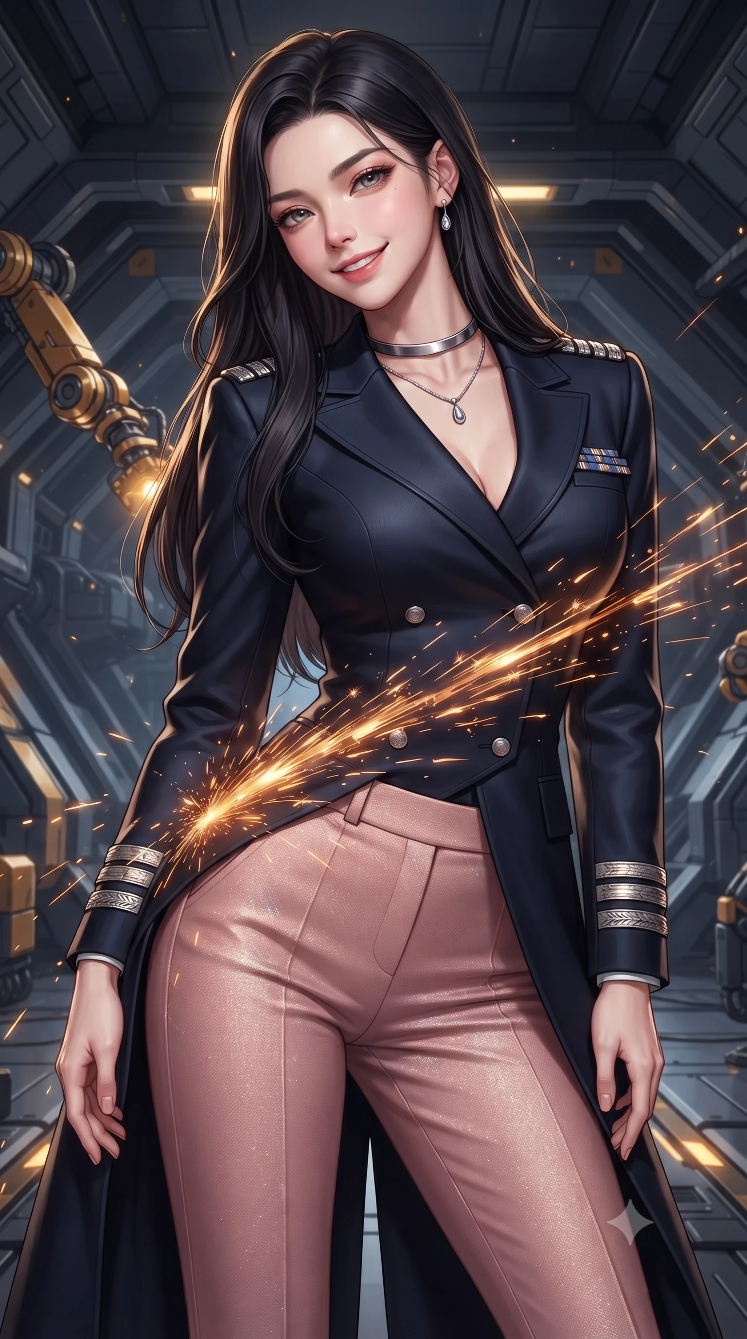 score_9, masterpiece, best quality, ultra-detailed, high-budget anime keyframe, editorial fashion photography, tasteful artistic composition, Korean woman. close-up cowboy shot from the waist and thighs up, the character dominates the composition, filling the frame with her large presence. tilting her head with a teasing half-smile, running one hand slowly down the side of her hip in a flirtatious S-curve as ambient light caresses her silhouette while twisting her slender torso in an alluring contrapposto stance, cascades of welding sparks painting dynamic molten gold light ribbons across her narrow waist and hips. The surrounding environment is rendered in vivid detail and crisp panoramic clarity: sharp ablative armor plate seams, hydraulic robotic arm joints, and crisp glowing weld beads in deep focus. She has an exceptionally elegant, slender, and willowy female figure with an ultra-slim waist, flat toned midriff, narrow ribcage, and sculpted feminine hips creating an alluring, slim hourglass silhouette without bulk. sharp v-shaped jawline, high-bridge nose, intricate jewel-like sparkling eyes with depth, thick eyelashes, glossy parted lips with a natural peach sheen, bright cheerful beaming smile with an enchanting and coquettish sensual glint, exuding both youthful cute charm and seductive allure, flawlessly proportioned anatomical accuracy, strict slender model proportions, natural body alignment, perfectly sculpted long slender limbs, ultra-slim waistline, clean dynamic posture without body distortion. wearing a tailored flight command officer coat in midnight navy with structured lapels, metallic rank braids, and tailored slim trousers in Solaris liquid rose-quartz and alien peach, tailored from high-density tech-wool with subtle metallic thread weave, finished with a minimalist chrome choker and a single teardrop diamond pendant, the impeccably tailored cut draping gracefully along her slender figure with aristocratic poise. bathed in high-contrast golden welding arcs contrasted with deep obsidian shadow gradients and starlight. ultra-reflective glossy finish, specular highlights, rich textural contrasts, high-contrast stereoscopic depth, volumetric dynamic lighting, 2k, ultra detail, master piece, 9:16 ratio