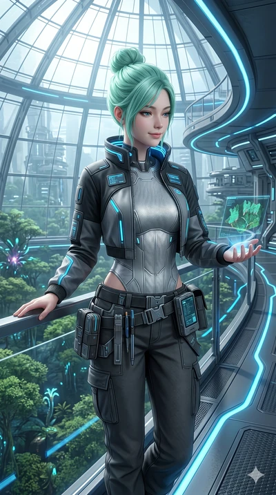 score_9, masterpiece, best quality, ultra-detailed, high-budget anime keyframe, semi-realistic 3D game render, Japanese woman. Upper body close-up from the thighs up, character filling the screen for maximum presence. Standing on an elevated pathway 