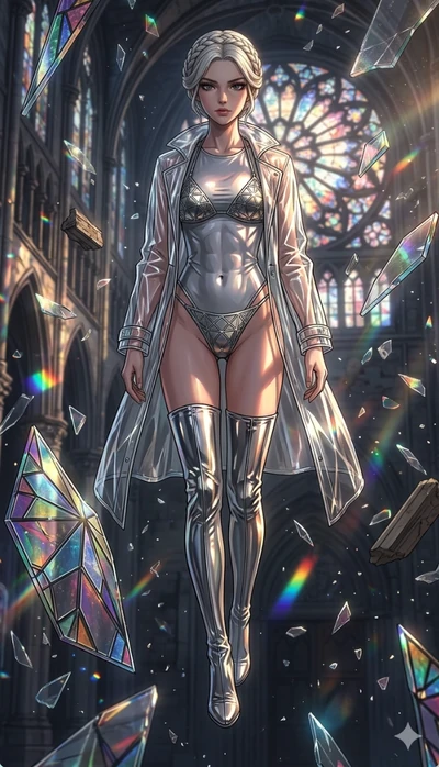 score_9, masterpiece, best quality, ultra-detailed, Set A: High-budget Anime Keyframe, Japanese woman. Low angle cowboy shot filling the entire 9:16 frame with her statuesque presence. Floating through a shattered glass cathedral, as gravity fails an