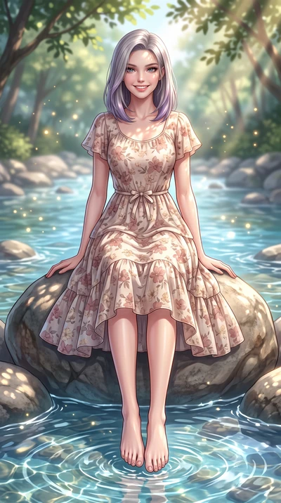 score_9, masterpiece, best quality, ultra-detailed, high-budget anime keyframe, semi-realistic 3D game render, editorial fashion photography, tasteful artistic composition, Caucasian woman. low angle full-body shot from head to toe showing her feet, 