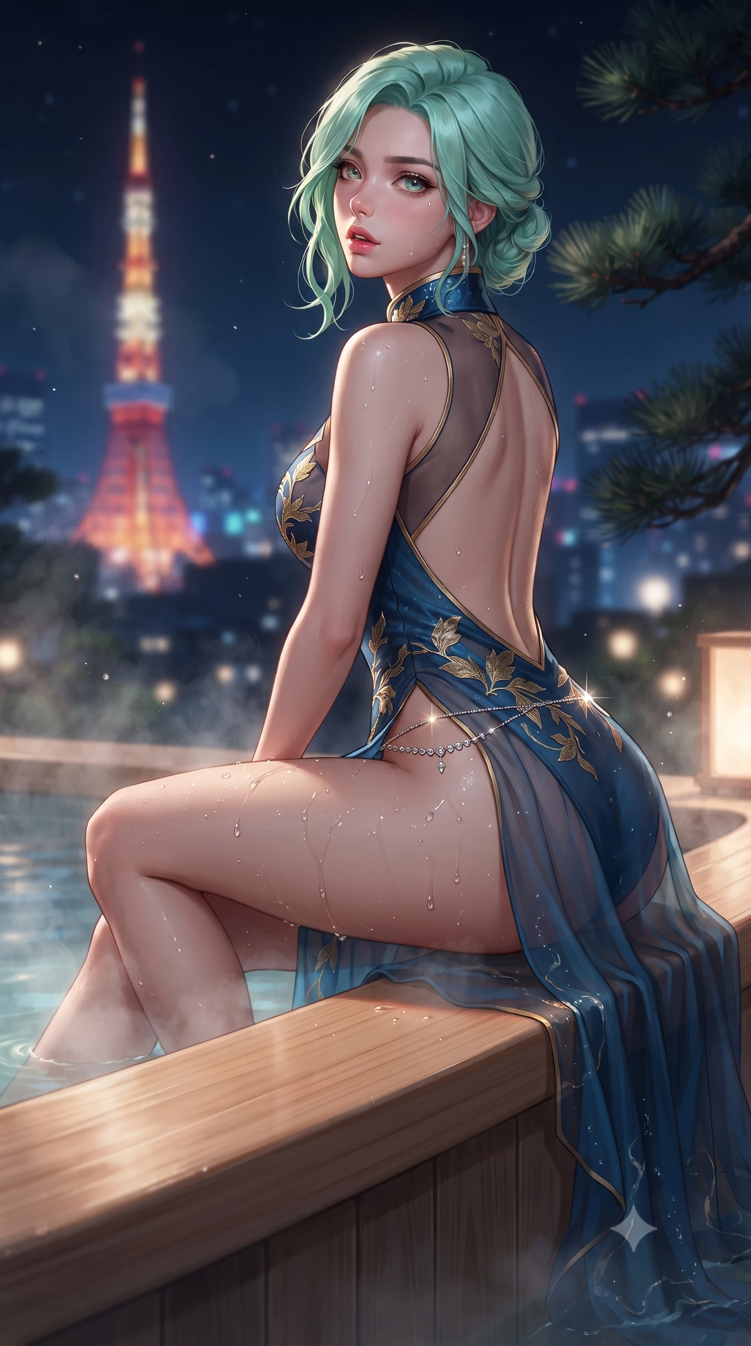score_9, masterpiece, best quality, ultra-detailed, high-budget anime keyframe, editorial fashion photography, tasteful artistic composition, Japanese woman. low angle full-body shot from head to toe showing her feet, filling the entire 9:16 vertical frame with her statuesque presence, stretching her vertical silhouette. sitting perched on the elevated ledge with hips angled toward the camera and legs crossed, displaying her toned midriff and flawlessly sculpted slender limbs while perching on the smooth hinoki wood rim of a steaming outdoor onsen, water droplets beading on her hip as she glances back with parted lips. The composition keeps background elements in soft focus with creamy bokeh. distant Tokyo Tower neon lights and dark pine branches softened in dreamy nocturnal shallow focus. She has an absolutely perfect, statuesque 8.5-heads proportion, an exceptionally tall and slender model-like female figure with impossibly long slender legs, a toned flat midriff, an ultra-slim waist, and beautifully sculpted feminine hips. sharp v-shaped jawline, high-bridge nose, intricate jewel-like eyes with depth, thick eyelashes, glossy parted lips with a natural sheen, intensely captivating and seductive bedroom-eyes expression, flawlessly proportioned anatomical accuracy, strict slender model proportions, natural body alignment, perfectly sculpted long slender limbs, ultra-slim waistline, clean dynamic posture without body distortion. wearing a wet-look silk fusion wrap dress with asymmetrical sheer mesh cutouts and high Mandarin collar in deep azure blue and gold leaf embroidery, woven from sheer cascading chiffon that ripples like water, complemented by a delicate metallic hip chain catching the pool caustics, the dramatically scooped open back descending to the base of her spine, accentuating her razor-sharp statuesque lines and curvy hourglass silhouette. surrounded by an intimate, tranquil, and deeply sensual Japanese skylounge muse aura. ultra-reflective glossy finish, specular highlights, rich textural contrasts, high-contrast stereoscopic depth, volumetric dynamic lighting, 2k, ultra detail, master piece, 9:16 ratio