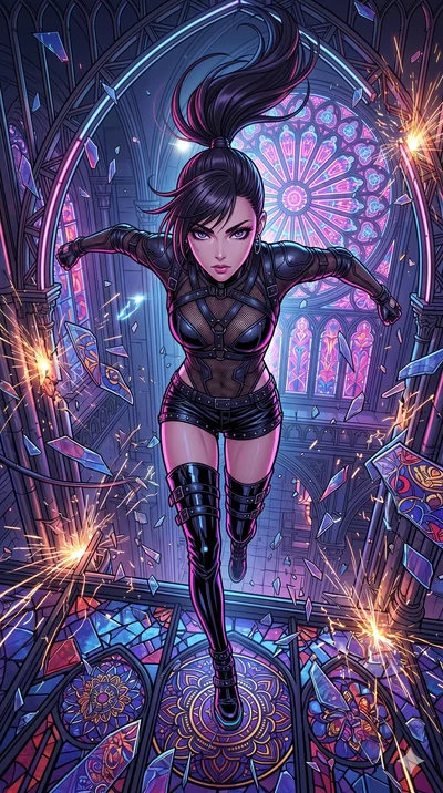 score_9, masterpiece, best quality, ultra-detailed, high-budget anime movie keyframe, cinematic anime lighting, intricate line art, Japanese woman. Extreme high angle shot as she leaps towards the camera, filling the frame. leaping across shattered s