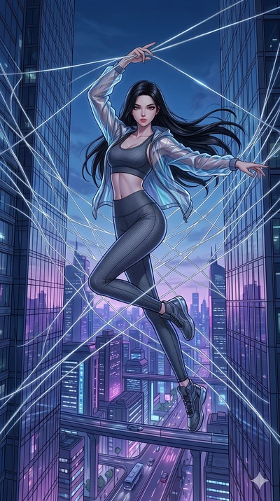 score_9, masterpiece, best quality, ultra-detailed, high-budget anime movie keyframe, cinematic anime lighting, intricate line art, Korean woman. Mid-air action shot capturing a graceful twist and vertical silhouette. weaving a web of silver threads 