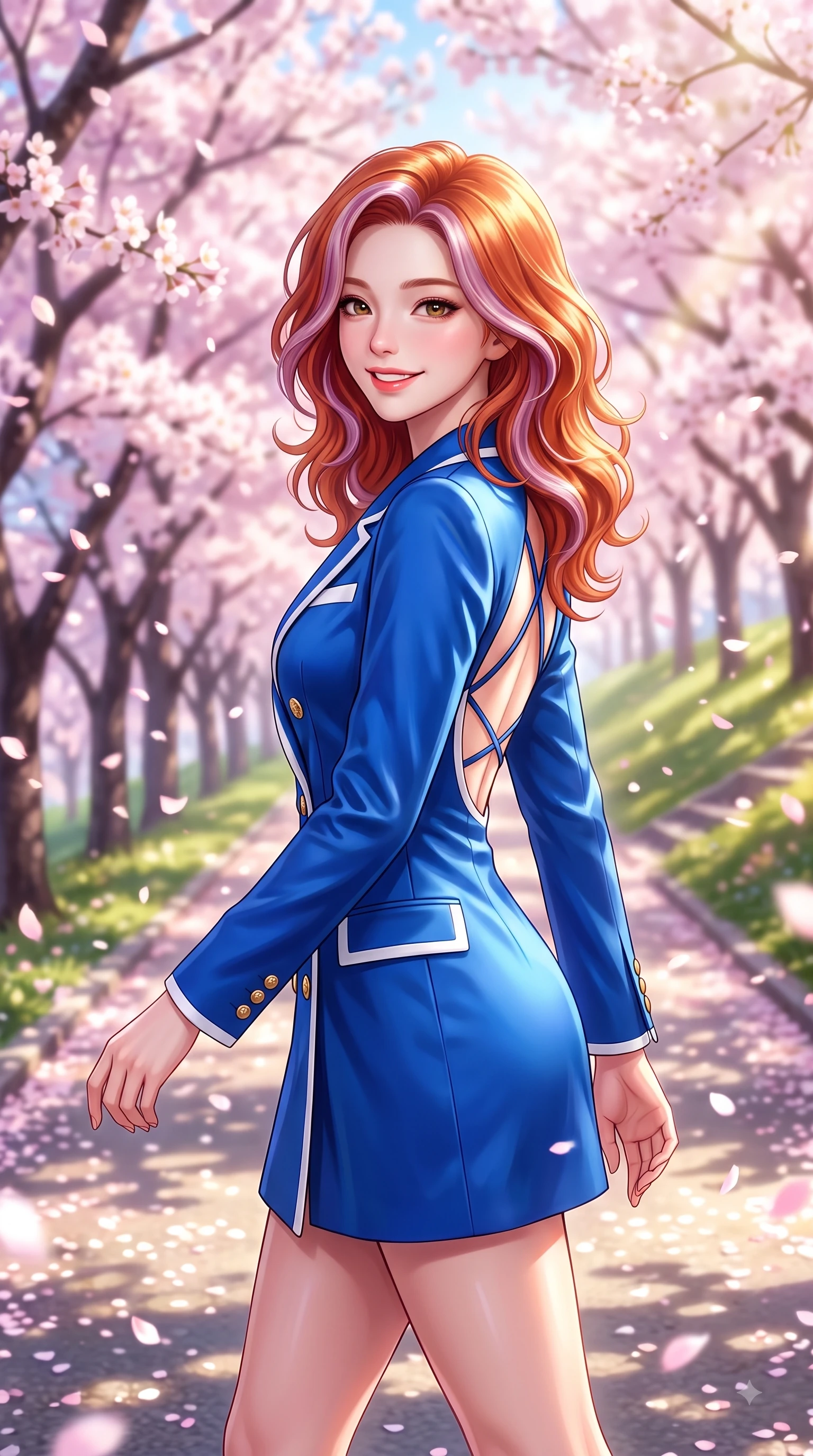 score_9, masterpiece, best quality, ultra-detailed, high-budget anime keyframe, editorial fashion photography, tasteful artistic composition, Caucasian woman. close-up cowboy shot from the waist and thighs up, the character dominates the composition, filling the frame with her large presence. Gazing directly into the camera with a fresh, infectious smile as her torso curves dynamically in mid-stride while walking up a sunlit hill path lined with blooming cherry trees in full spring bloom. The composition keeps background elements in soft focus with dreamy bokeh. fluttering sakura petals and sunlit park paths softened in romantic background blur. She has an exceptionally elegant, slender, and willowy female figure with an ultra-slim waist, a gracefully sculpted slender torso, and a refined silhouette. sharp v-shaped jawline, high-bridge nose, intricate jewel-like eyes with depth, thick eyelashes, glossy lips with a natural sheen, flawlessly proportioned anatomical accuracy, natural body alignment, perfectly sculpted elegant limbs, clean dynamic posture without body distortion. wearing a sleek double-breasted blazer dress with gold button accents in vibrant cobalt blue and crisp snow white, crafted from smooth liquid silk satin, finished with delicate criss-cross back straps highlighting her bare shoulders, the elegant draped fit framing her graceful clavicle and slender torso. surrounded by a fresh, sweet, and nostalgic spring park atmosphere. highly saturated vibrant anime colors, detailed shading with soft gradients, rich glossy textures, high-contrast stereoscopic depth, volumetric dynamic lighting, master piece, 9:16 ratio