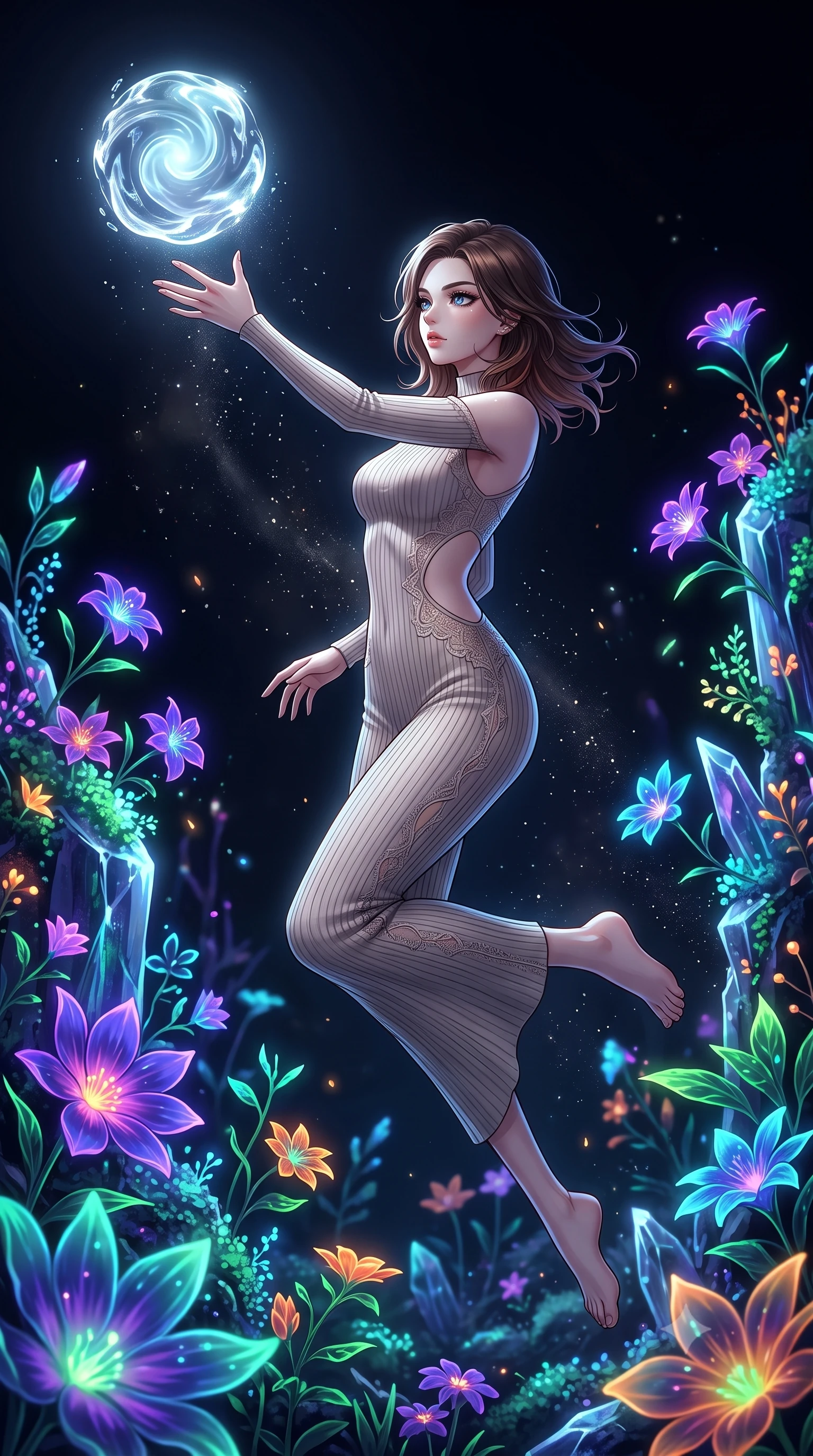 score_9, masterpiece, best quality, ultra-detailed, High-budget Anime Keyframe, East Asian woman. Dynamic full-body shot stretching the vertical silhouette to the limit. Scenario 320: reaching out to catch a floating sphere of liquid light in a virtual garden where neon flowers bloom in the dark. Her presence is magnetic and overpowering in this high-budget anime scene. Outfit 320: a body-hugging ribbed bodycon knit bare with a strategic side cut-outs and delicate lace embroidery. The clothing is designed to emphasize her exceptionally tall and slender 8-heads proportion. 8-heads proportion, towering silhouette, ultra-slim waist. sharp v-shaped jawline, intricate jewel-like eyes with depth, thick eyelashes, glossy lips. 2k, ultra detail, master piece, 9:16 ratio